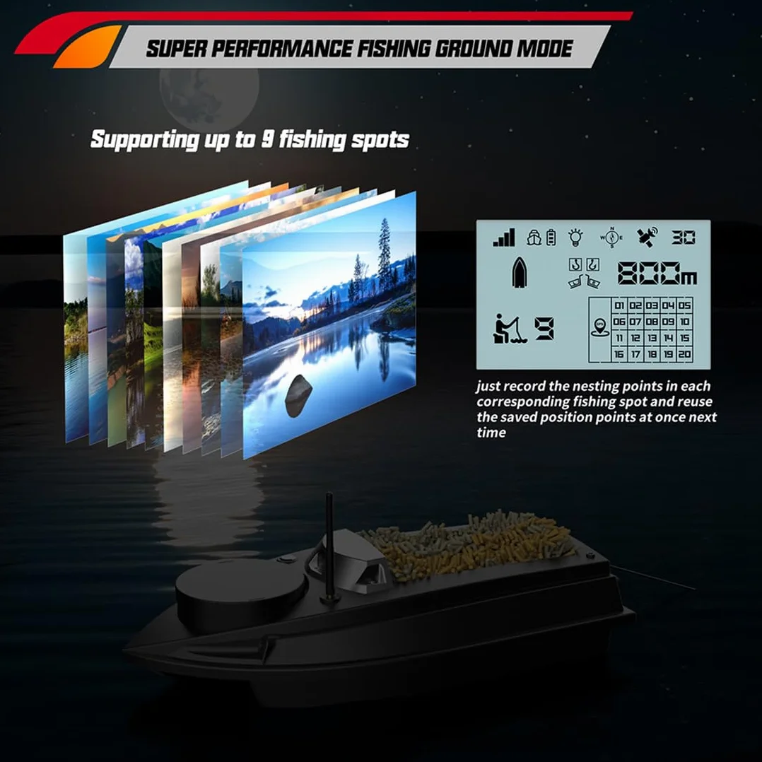 Barco de pesca RC con cebo, V030 12 V 2.4 G, barco de pesca RC de alta velocidad con posicionamiento GPS, control remoto de 800 m, 180 puntos de referencia GPS, carga útil de 3 kg, retorno automátic