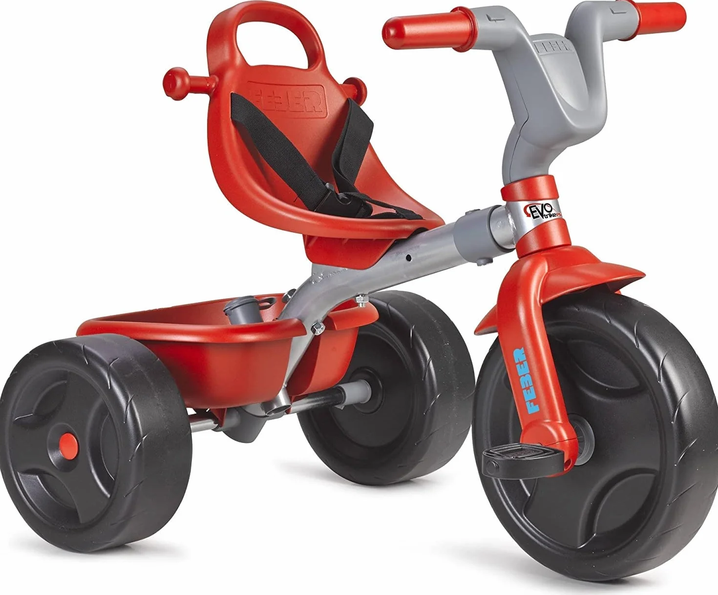 FEBER - EVO Trike Plus, Triciclo para Niños con Estructura Metálica y Cinturón de Seguridad, 2 Posiciones, Silla de Empuje y Mando para Música con Altavoz, 9 Meses+, Azul, Famosa (800010946)