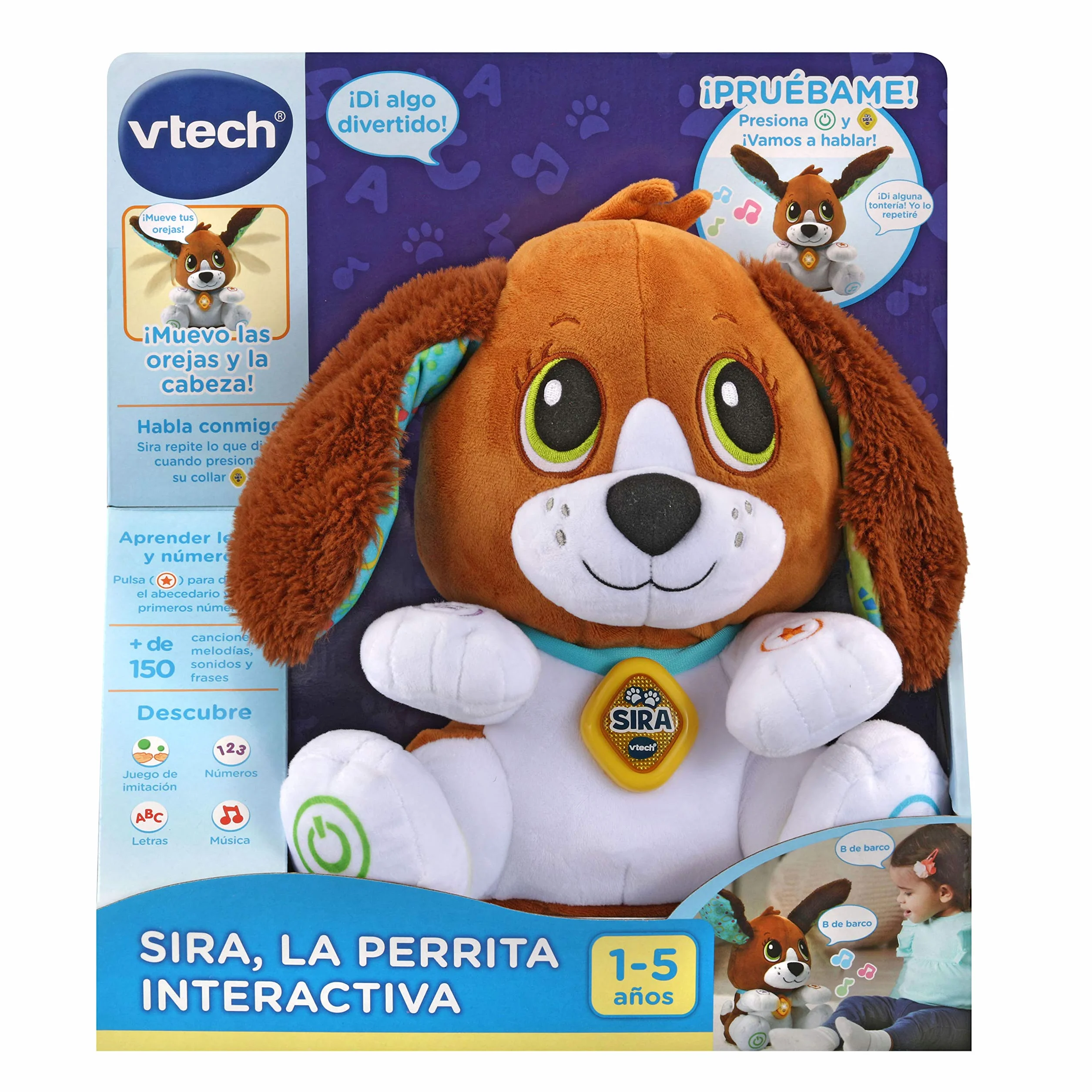 VTech-Baby Sira la perrita interactiva, Suave Animal de Peluche Que fomenta la conversación y Repite lo Que Dices, Juguete para bebés +12 Meses, Versión ESP