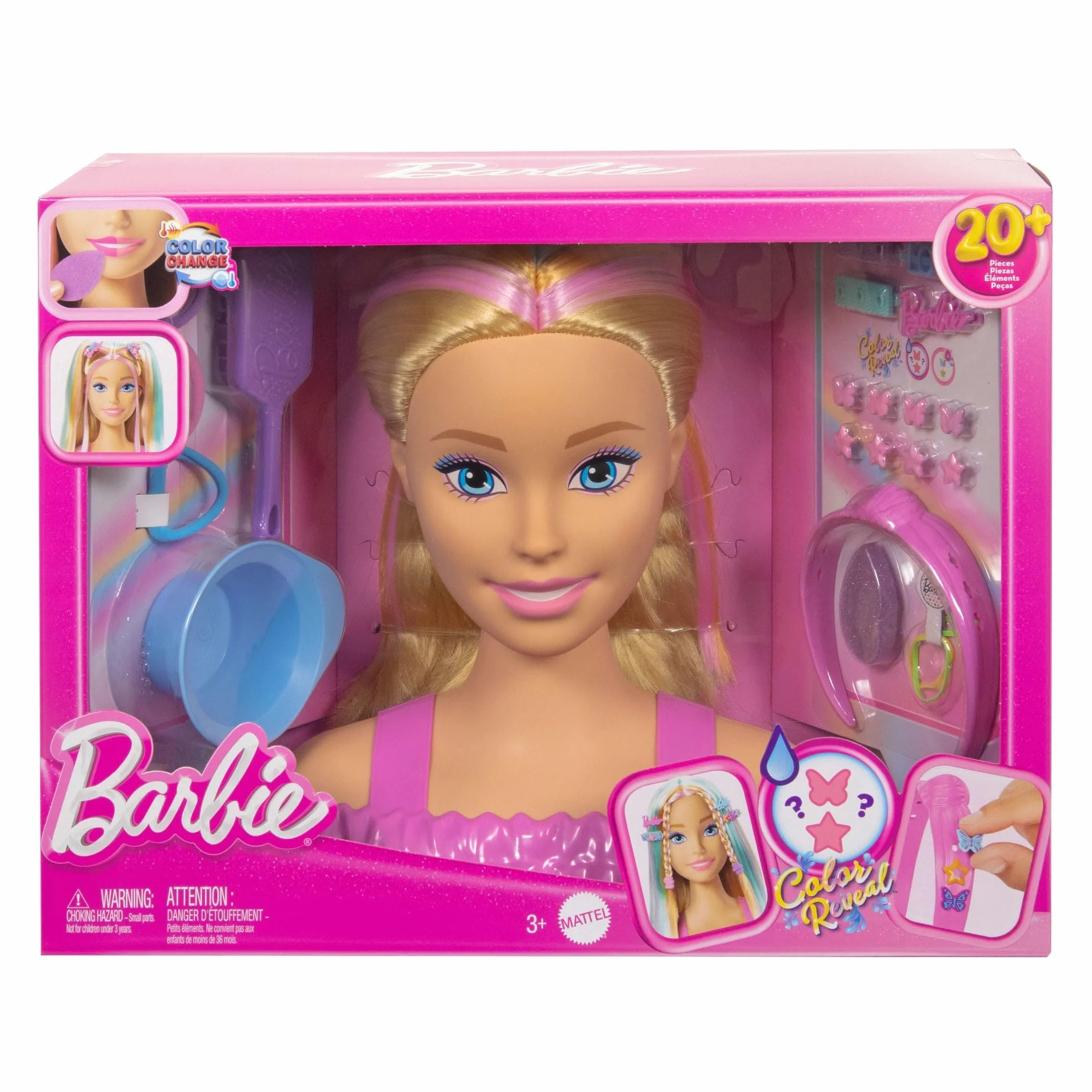 Barbie Busto para peinar, pelo rubio con más de 20 accesorios para hacer peinados, incluye pinzas para el pelo con forma de estrella y mariposa que cambian de color, JFG81