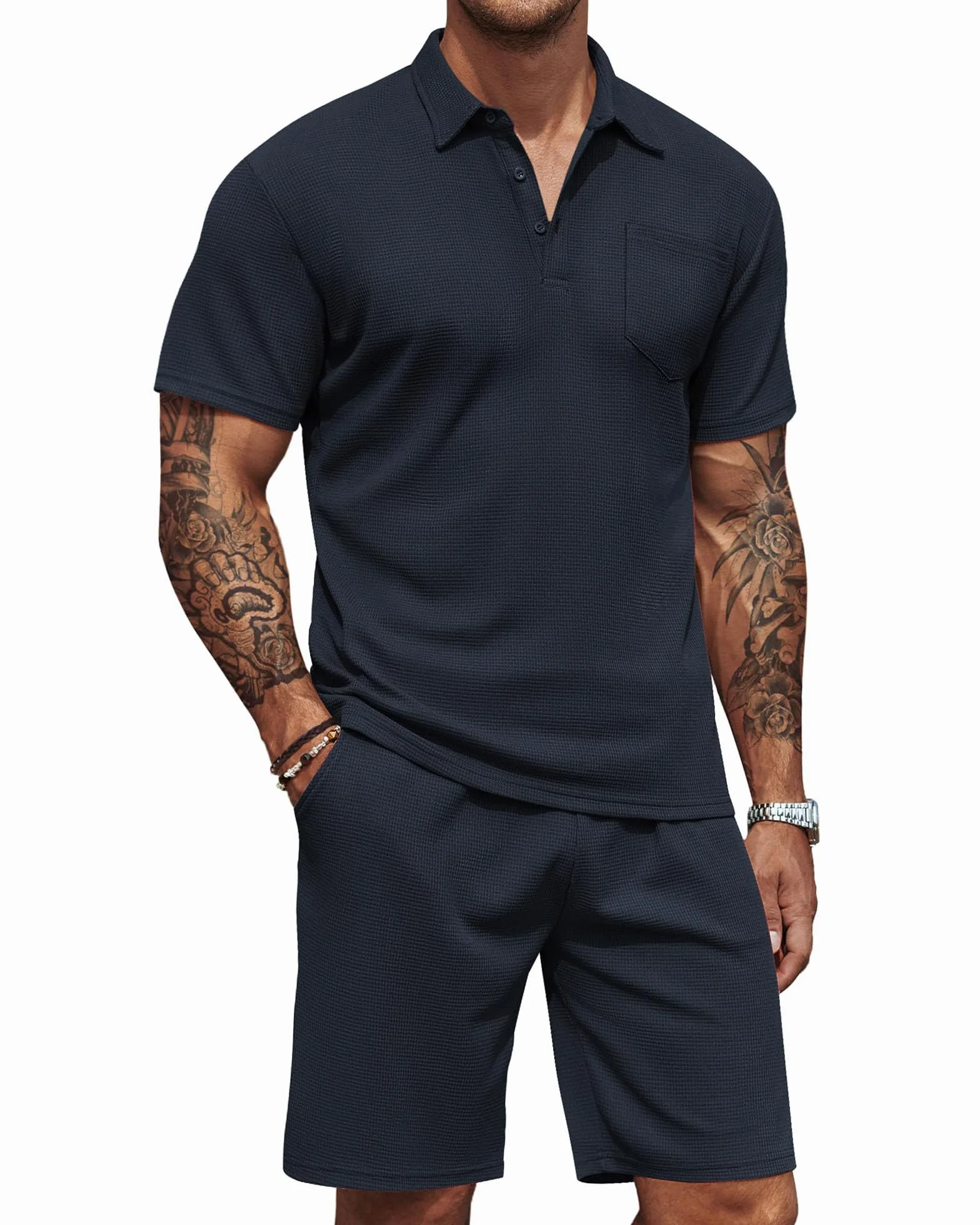 Conjunto Hombre Verano 2 Piezas Slim Fit Polo y Pantalones Cortos con Bolsillos