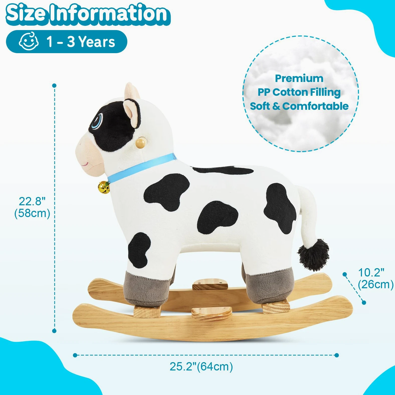 FUNLIO Caballo balancín Vaca para 1-3 años, Adorable para bebé con Cabeza Suave, Ojos Brillantes y Campana Sonora, Modelo de Peluche fácil de Montar, Certificado CPC