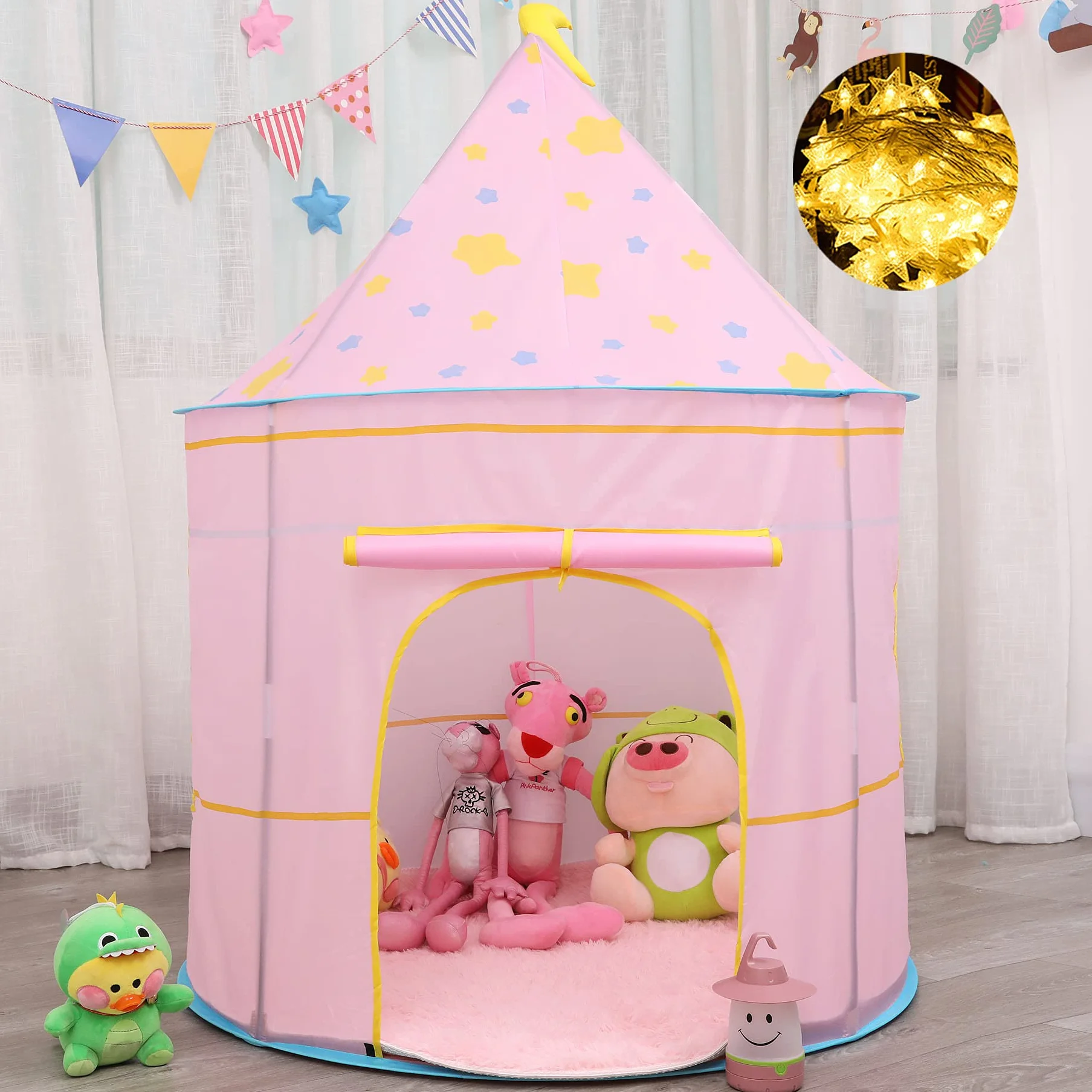 Carpa para niños,con Luces de Estrellas Castillo,Tienda para Niños, Playhouse Toy para Juegos de Interior y Exterior,Navidad & Cumpleaños Regalos para Niños Chico Niña (Rosa Luna)