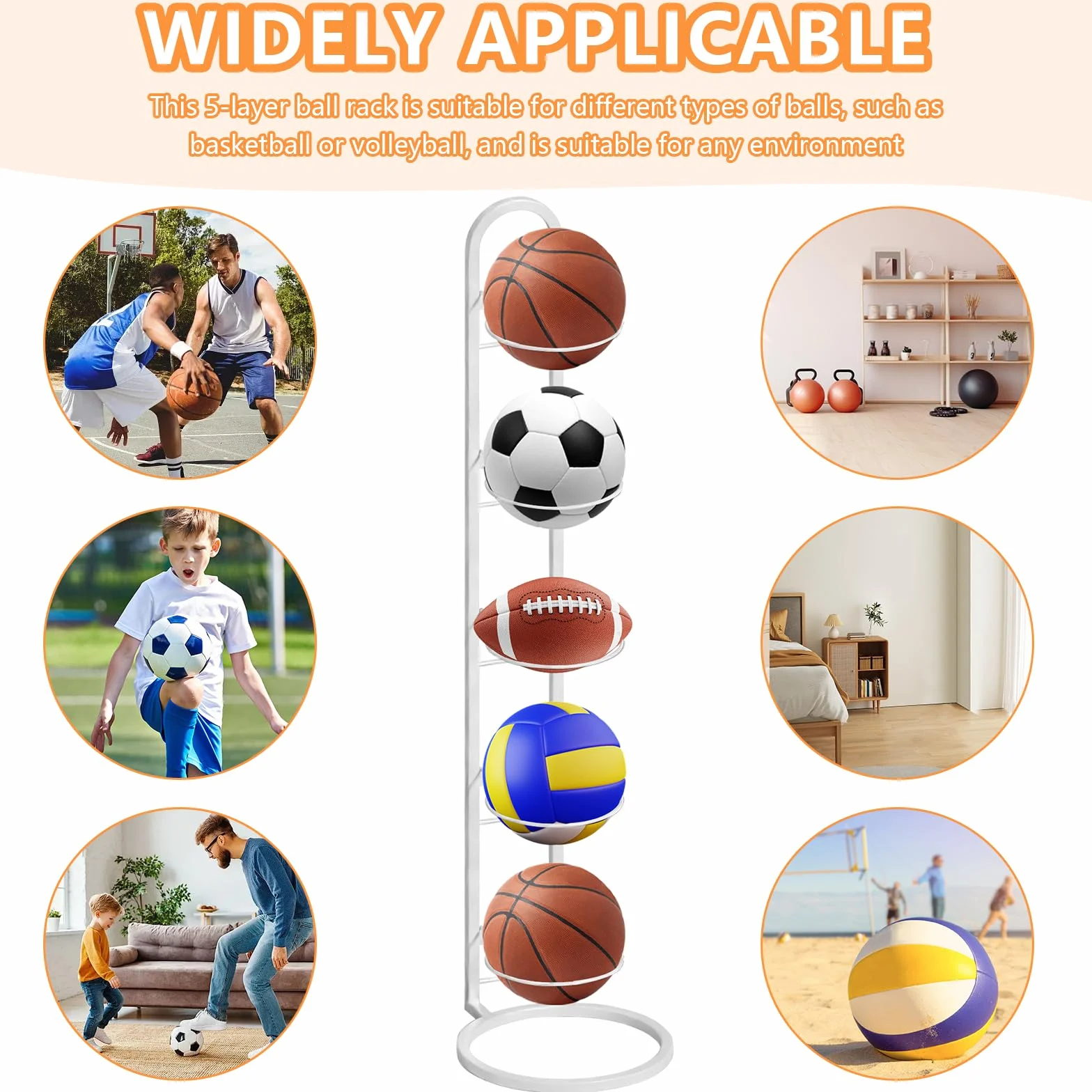 Estante vertical para pelotas de metal Blanco 5 pisos, soporte balón fútbol, baloncesto y vóley