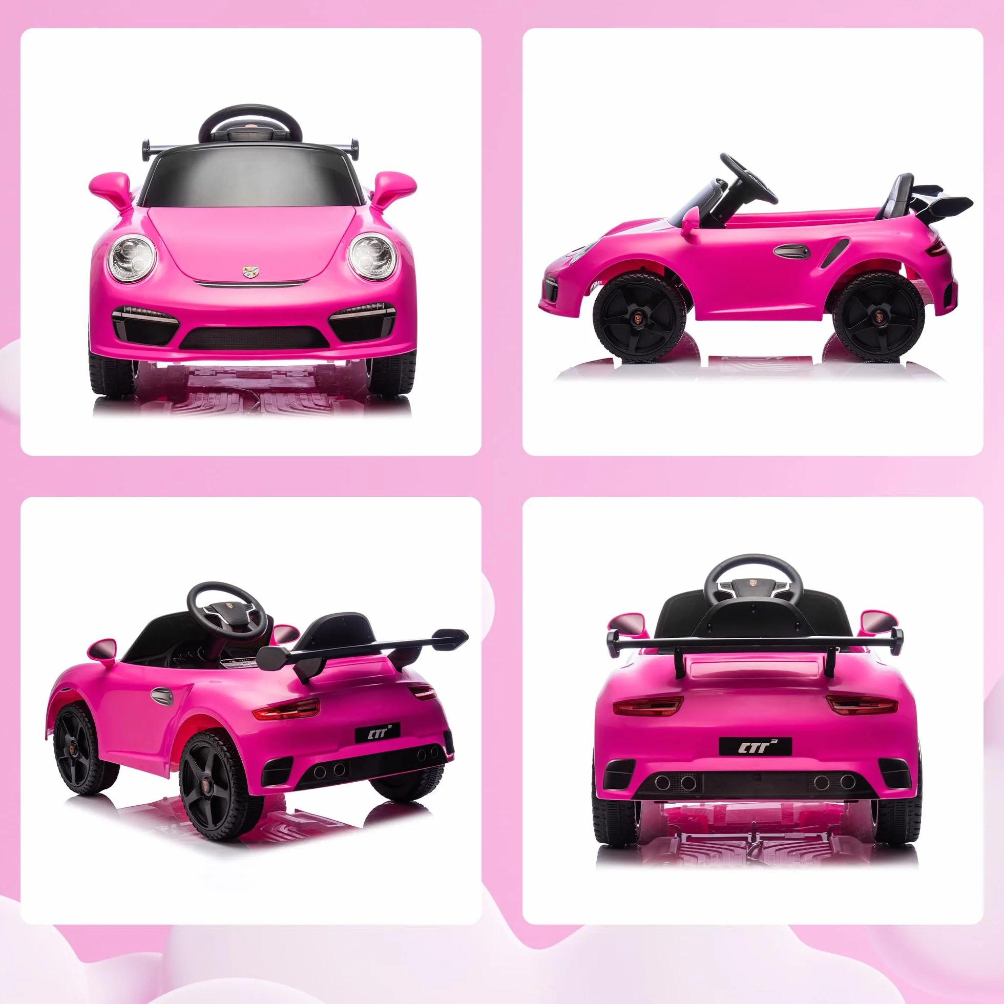 AIYAPLAY Coche Eléctrico para Niños con Licencia RUF CTR 3 Clubsport, Coche de Batería 12V, con Mando a Distancia 2,4 G, Motor Doble, Música Inalámbrica, Bocina, Ruedas Auxiliares y Faros LED, Rosa