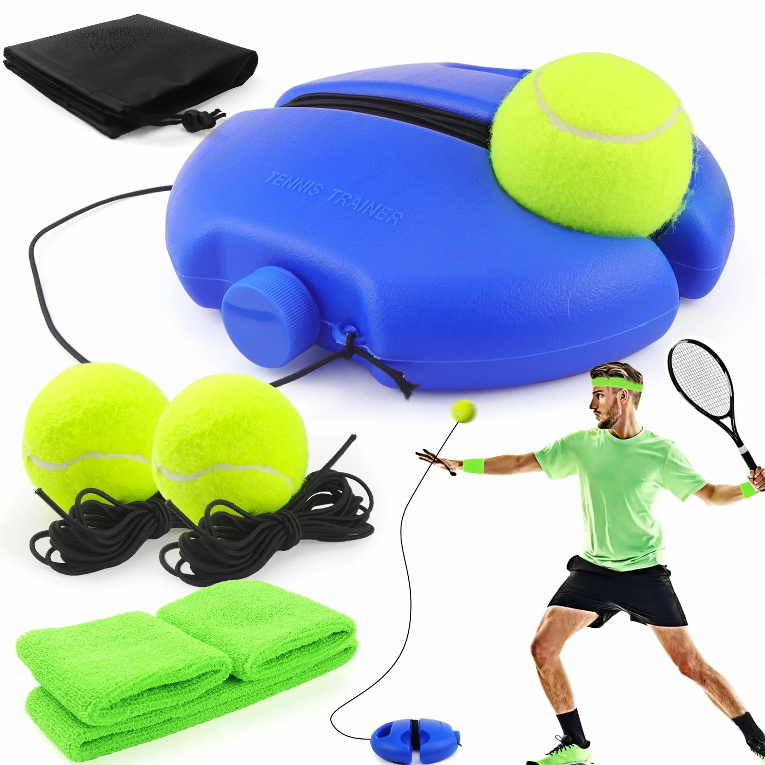 ELNLE Entrenador de tenis con 2 bolas de repuesto y cuerda para entrenamiento al aire libre