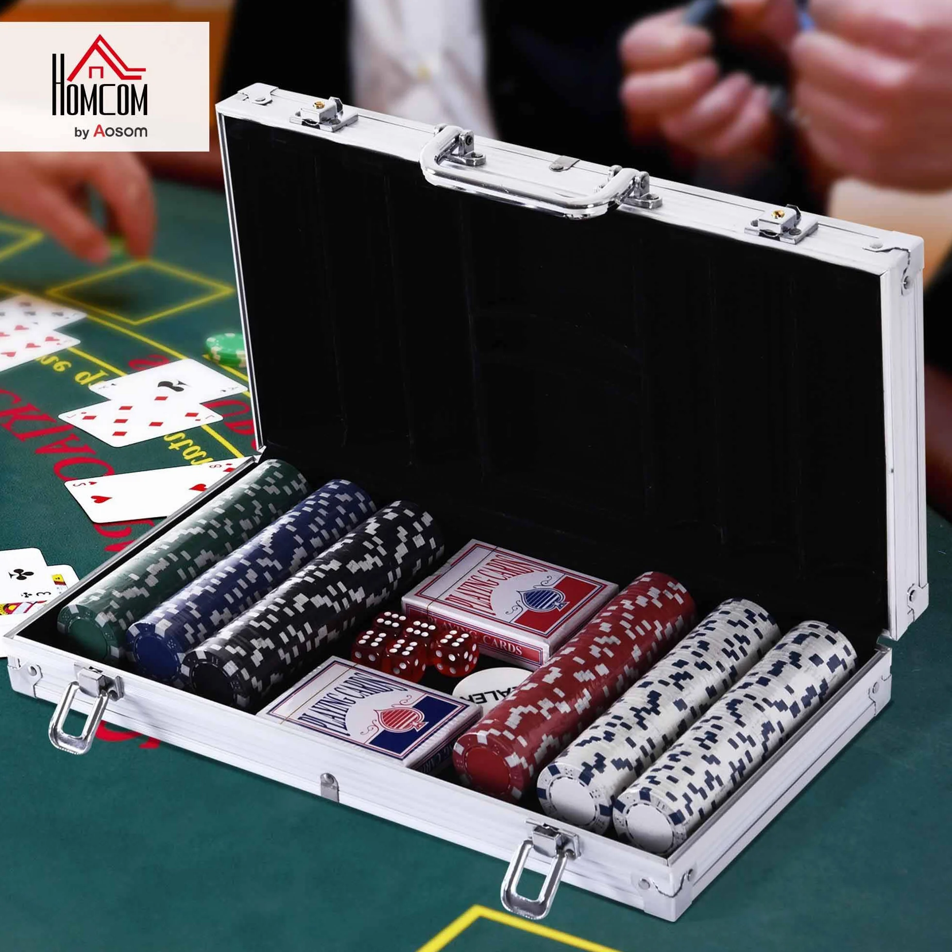 HOMCOM Maletín de Poker Profesional de Aluminio con 300 Fichas Juego Set de Poker Casino con 5 Dados 2 Barajas de Cartas y 1 Ficha de Crupier 38x20,5x6,5 cm Multicolor