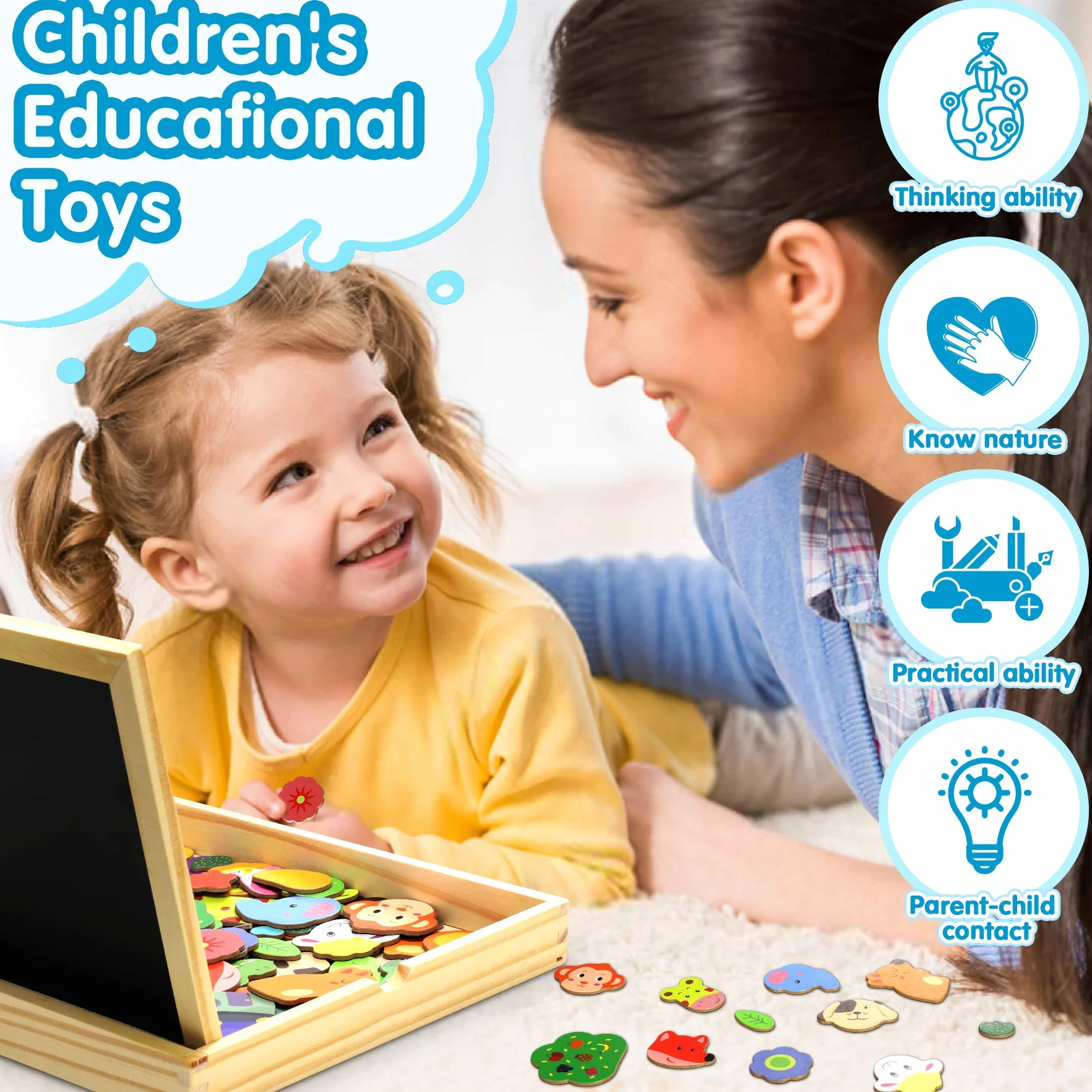 Puzzles de Madera 110 pcs, Juguete Educativo con Pizarra Magnética Doble Cara, Rompecabezas para Niños 3-5 Años Animales Bosque