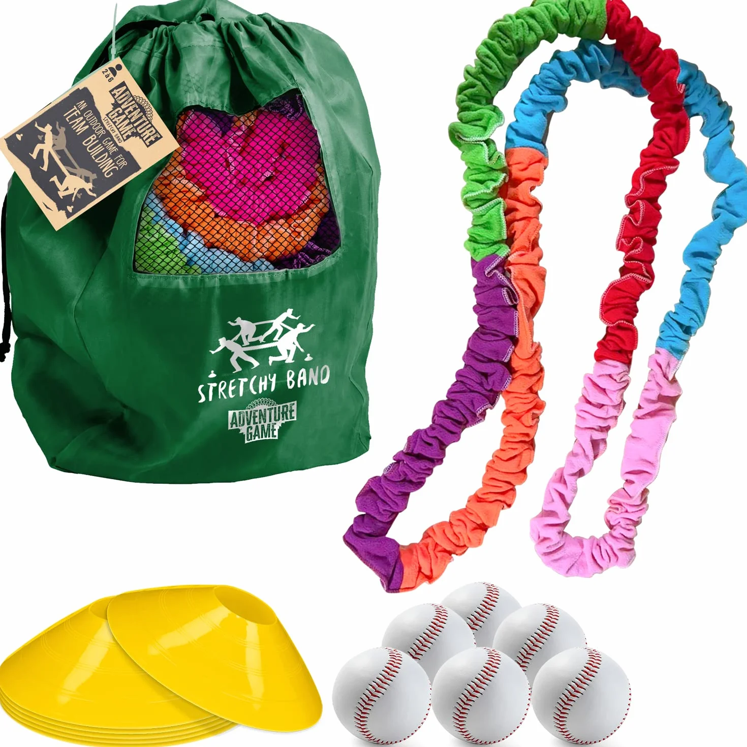Stretchy Band® | Team Building | Juego de bandas elásticas | Tirar | Cooperación | Coordinación | Tirar de la cuerda | Al aire libre | Compartir | Equipos | Competición | Desafío | 100% diversión