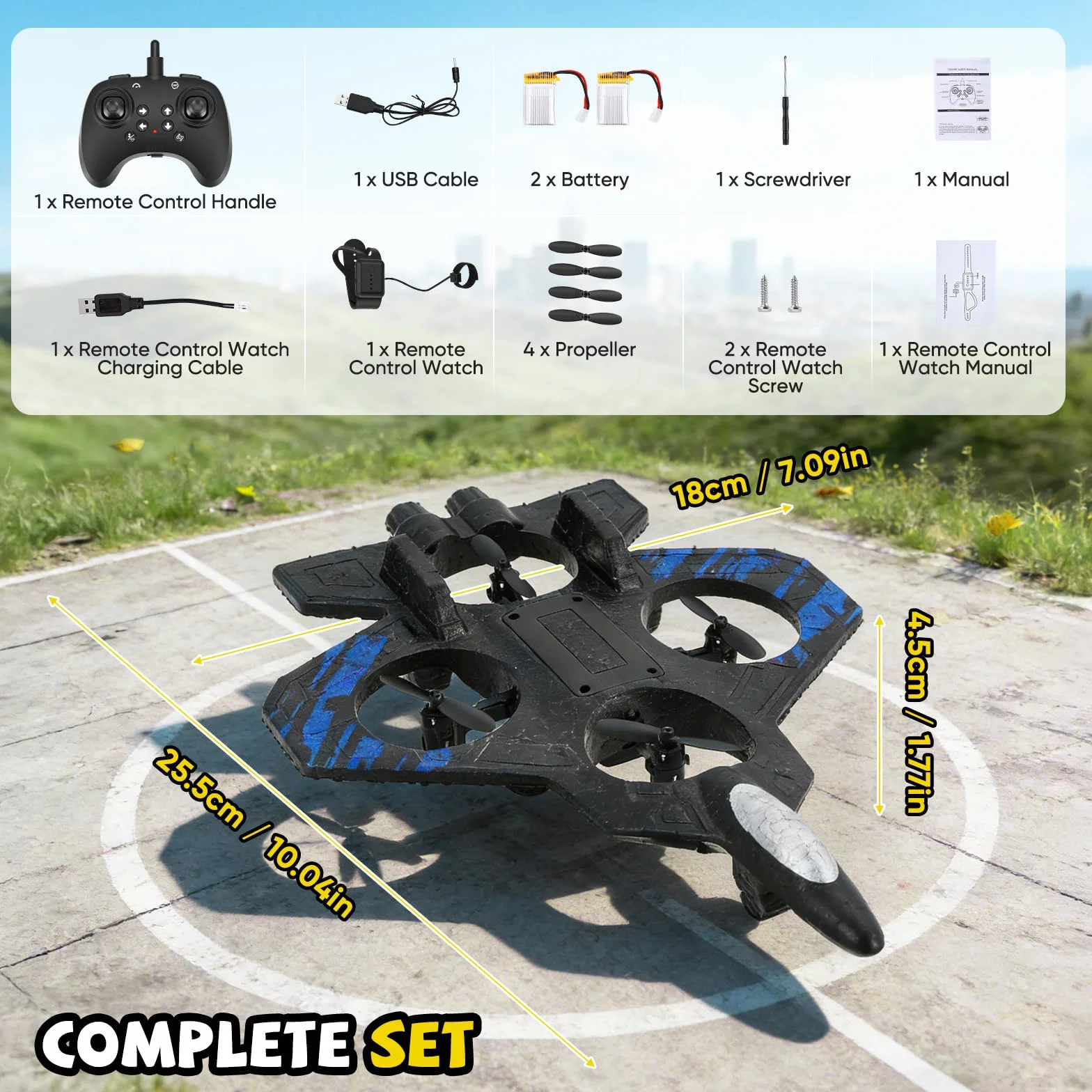 Avión de control remoto, doble control (mando a distancia y mando a mango), RC Avión 360° Rotación, 3 velocidades, con luz LED y hélice de repuesto, avión exterior para niños (azul)