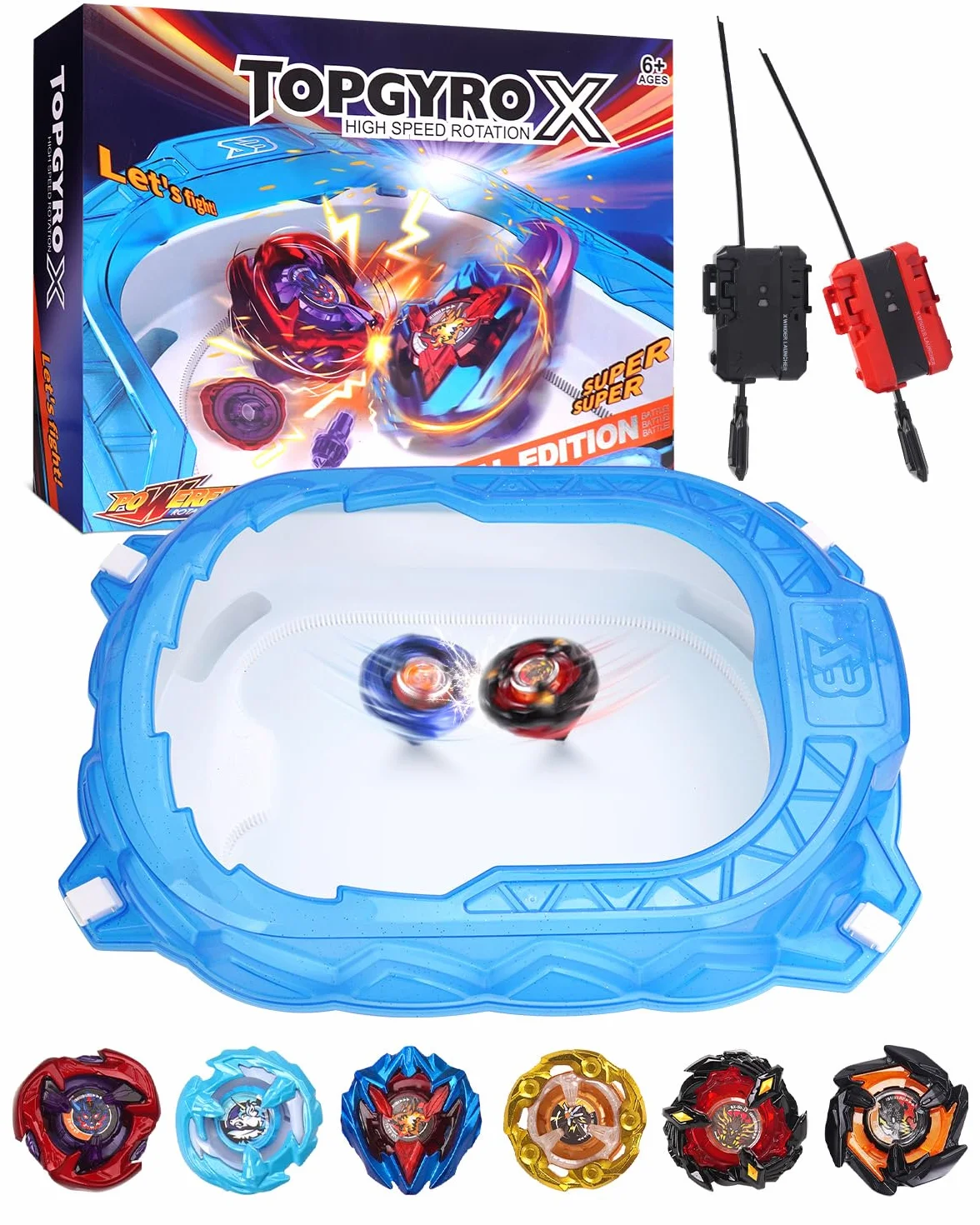 X Stadium Kit de Inicio Arena con 6 Gyro Tops, 2 Lanzadores, Pista de Aceleración y Techo Protector