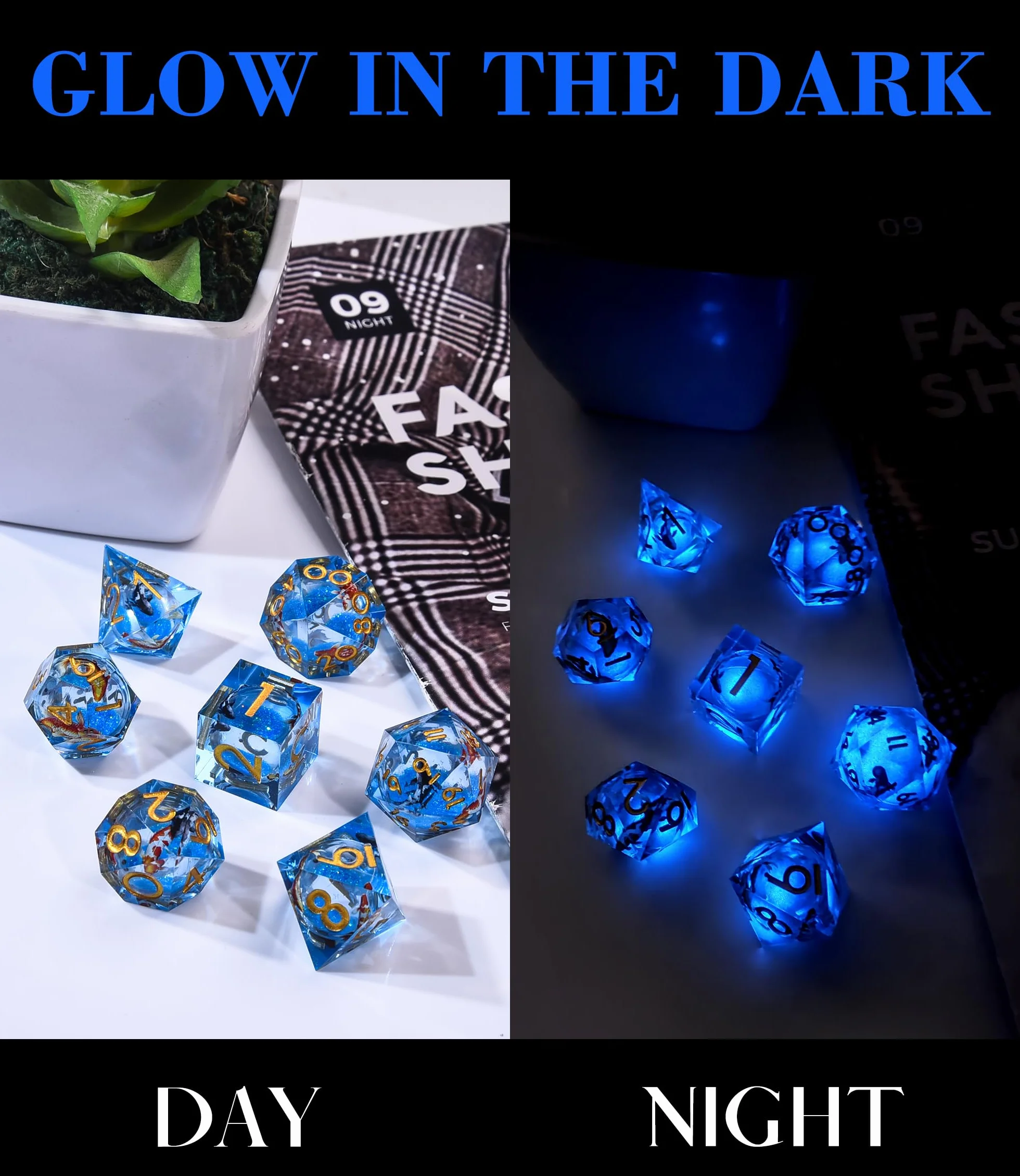 SIQUK 7 Piezas Juego Dados Poliedricos Con Nucleo Liquido Luminosos Dice DND Koi Fish D4 D6 D8 D10 D12 D20 D% para RPG MTG Dungeons and Dragons