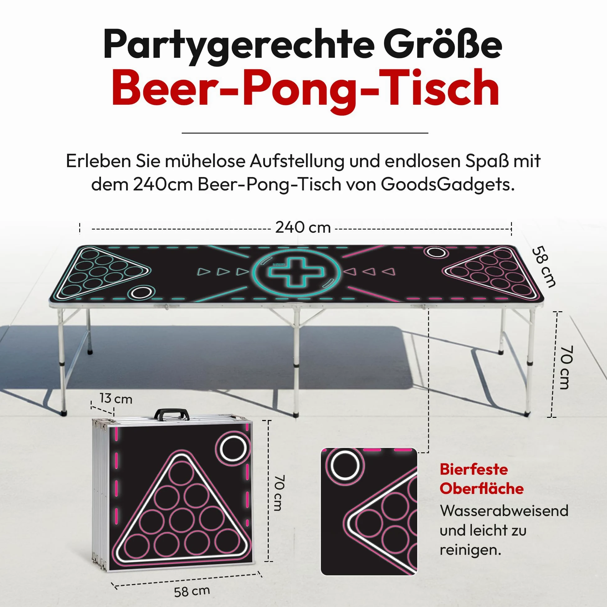 GOODS+GADGETS Mesa Plegable para Beer Pong - Mesa para Beer Pong con Altura Ajustable y Resistente a los arañazos Cualquier Fiesta (Neón)