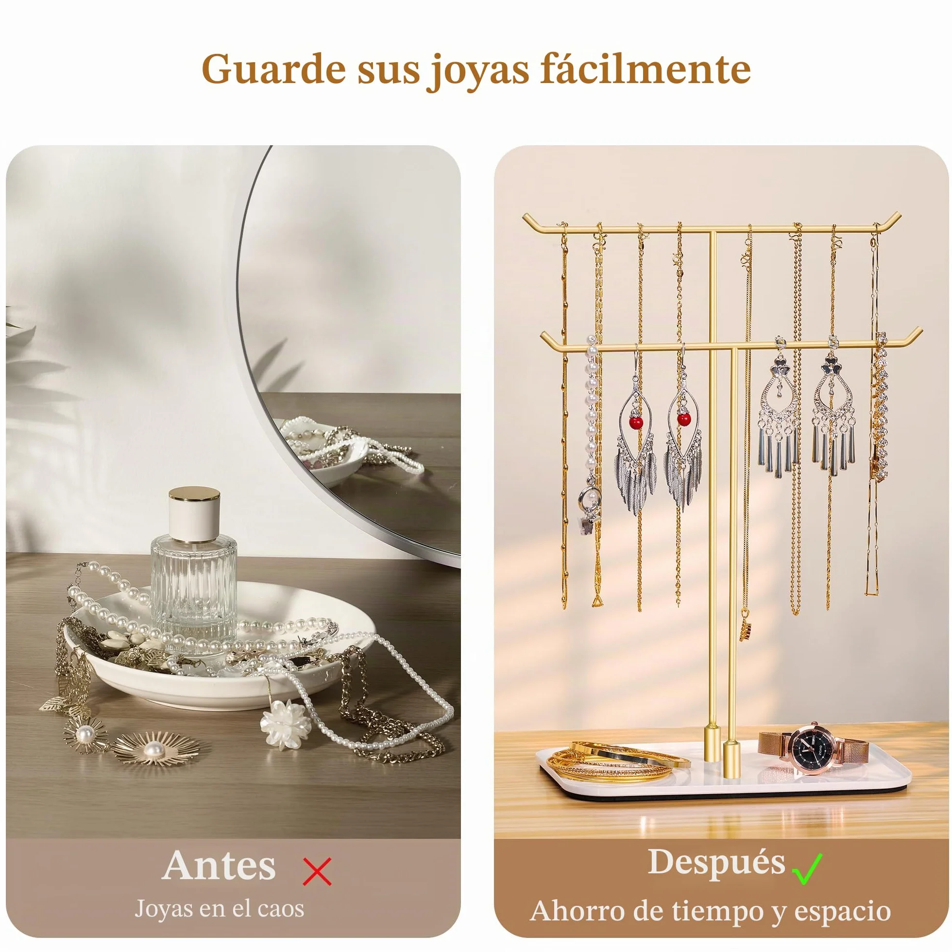 Josmimic Soporte para joyas, bandeja para joyas, organizador de joyas para collares, pulseras, pendientes, anillos, idea de regalo, dorado