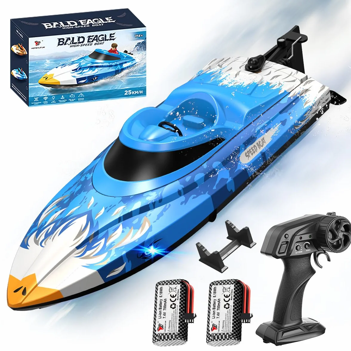 Barco teledirigido RC 25 km/h, impermeable con mando 2.4GHz, refrigeración por agua, luz LED, función Flip automática, alarma de batería y distancia, 2 baterías, para niños y adultos, piscina y lago