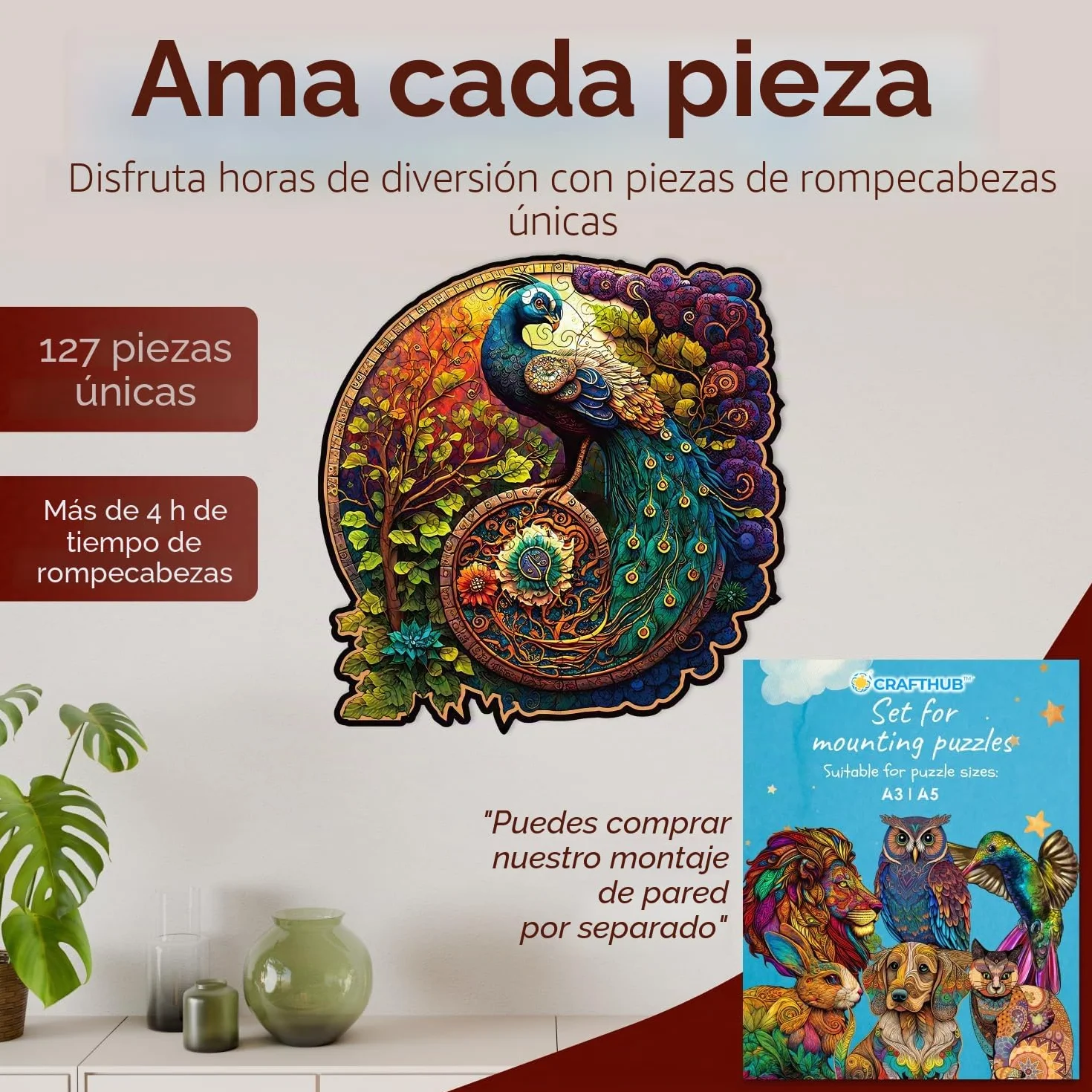 Crafthub Puzzle de Madera de Animales – A3 Animal Rompecabezas para Adultos – Pavo Real – Formas de Rompecabezas únicas – 127 Piezas – 26.9cm x 27.3cm