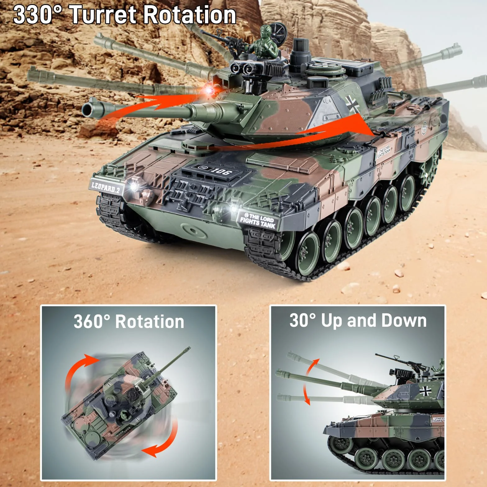 Supdex Tanque RC 1:18 Leopard II, con Luz, Humo y Sonido, Tanque de Juguete Militar a Control Que Dispara BBS y Bombas de Agua, Tanque Teledirigido Adulto y para Niños con Mando 2.4GHz