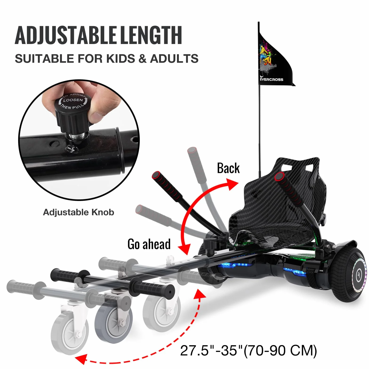EVERCROSS EV2 Hoverboards con Asiento - 5.2 Ah Batería, 15 km/h, Música Bluetooth, Luces de Pedal de 7 Colores, Carga máxima 85 kg, Hover Board con Hoverkart para Niños, Adolescentes y Adultos Negro