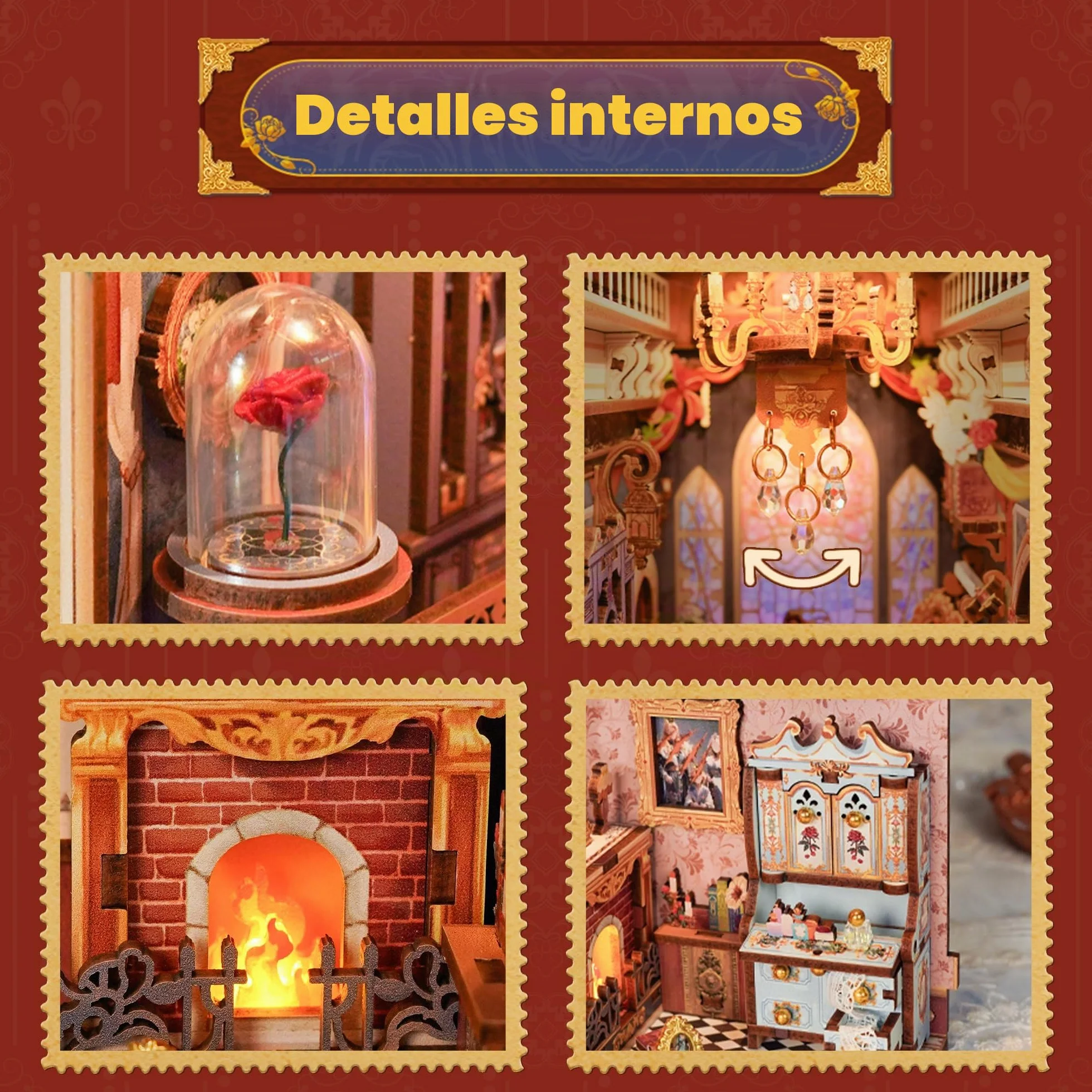 Tonecheer Kit de rincón de Libros para Adultos, Rompecabezas de Madera 3D para sujetalibros, Casa en Miniatura con Luces LED (Bestia y Belleza)