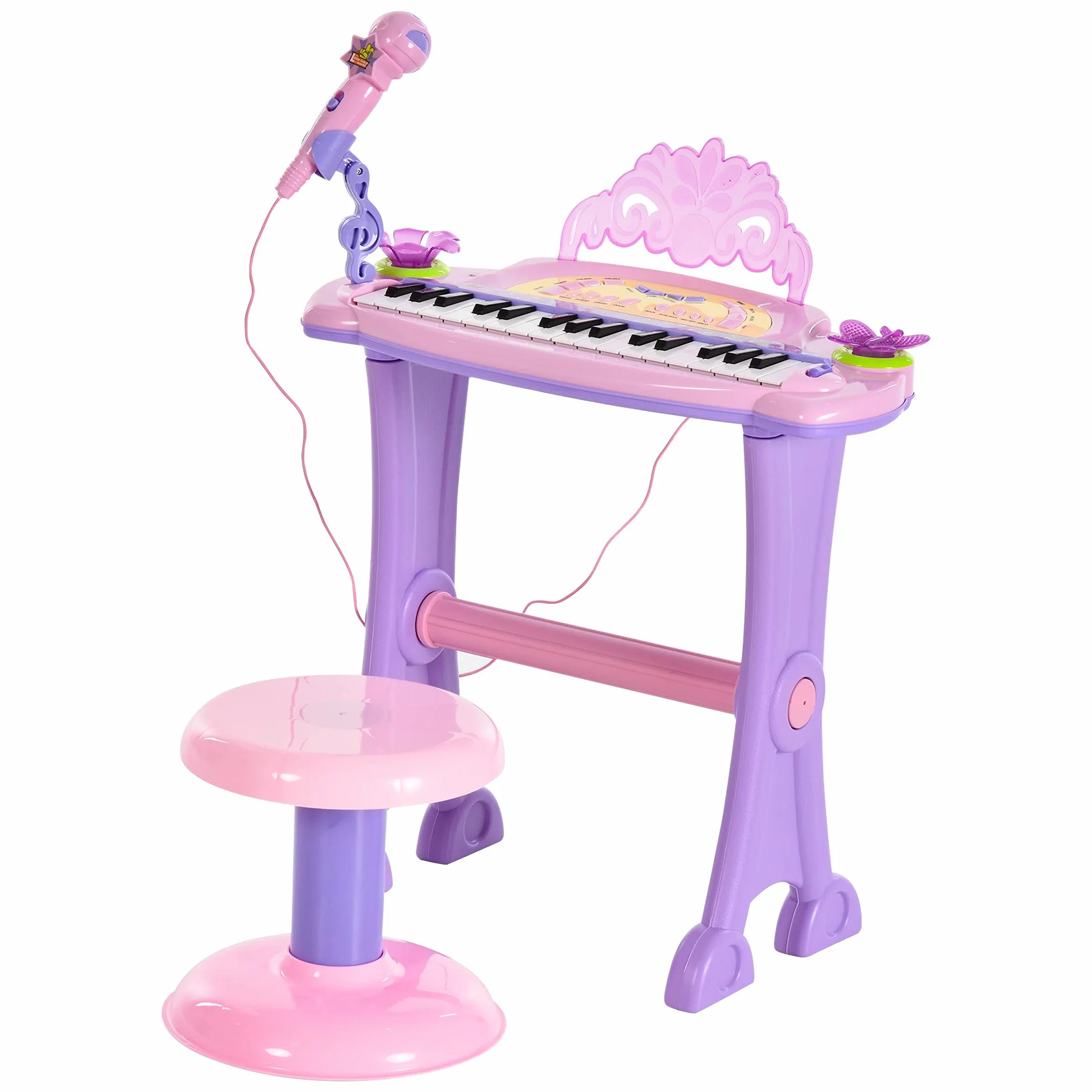 HOMCOM Teclado Electrónico Infantil 32 Teclas Juguete Musical Piano Infantil Piano para Niños con Micrófono Taburete Luces Variedad Sonidos Rítmos Melodias MP3 Karaoke Modo de Enseñanza Rosa