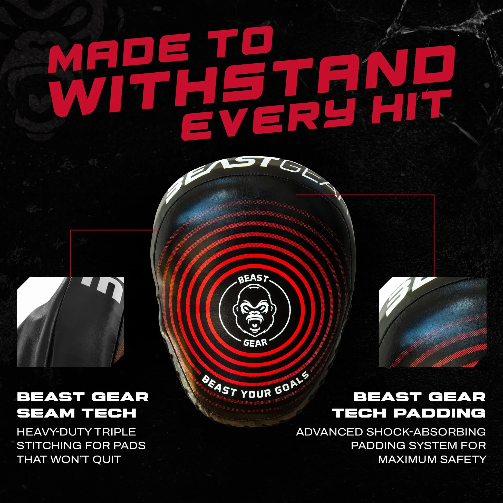 Beast Gear Almohadillas de boxeo de piel de vaca auténtica, diseño curvado con soporte de muñeca para MMA, Kickboxing y Muay Thai