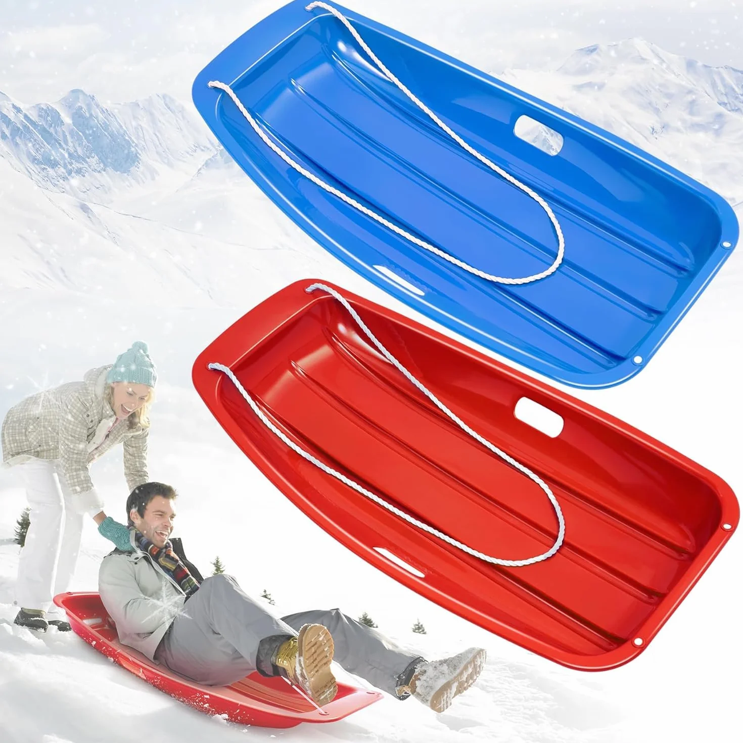 Trineo de Nieve de 2 Piezas Resistente con Cuerda de Tracción Capacidad 400 Libras para Adultos y Niños