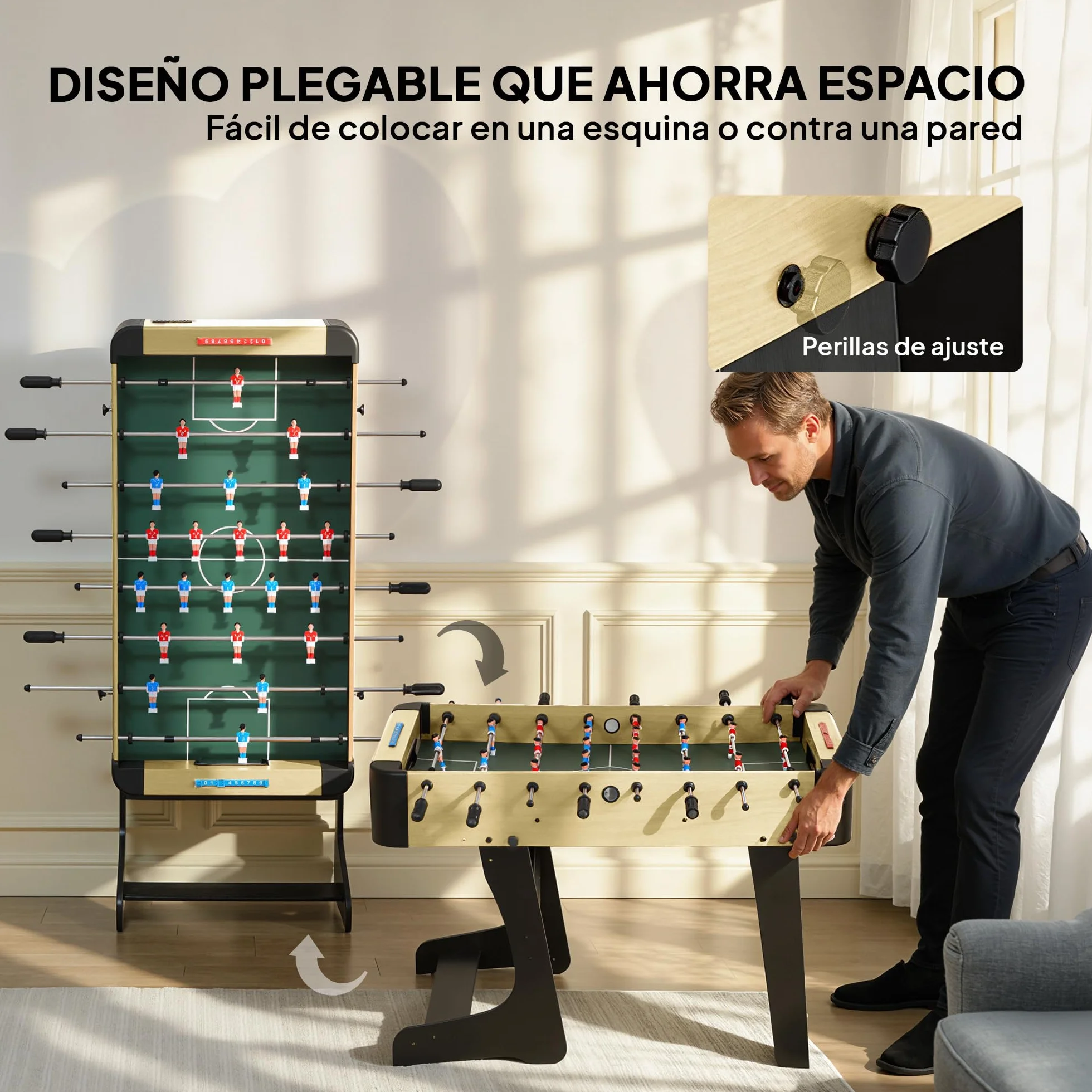 SPORTNOW Futbolín para Niños Plegable, Mesa de Futbolín de Madera con 2 Marcadores, 8 Asas, 22 Jugadores, 8 Barras y 2 Bolas, para 2 a 4 Personas, Adultos, Familias, Fiestas, 118x107,5x78 cm, Natural