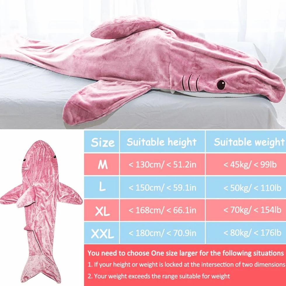 Manta de Tiburón con Capucha, Manta de Tiburón Onesie Saco de Dormir, Suave Franela Tiburón Manta con Capucha, Wearable Cola de Tiburón Onesie Manta (L(67 * 27,5in), Rosa)