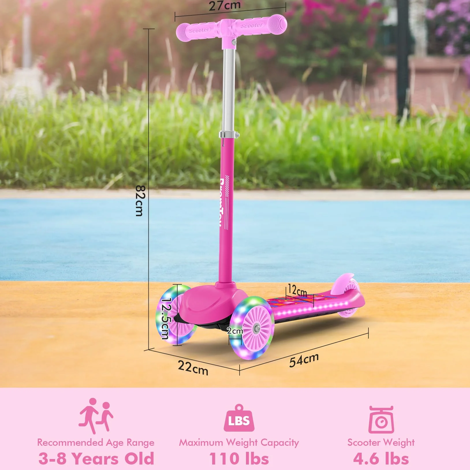 BremToy Patinete Niños 3 Años, Patinete Niños con Deck Luminosa y Ruedas LED de PU, Altura Regulable en 4 Niveles, Frenado Responsivo, Ligero, Patinete para Principiantes de 3 a 8 Años
