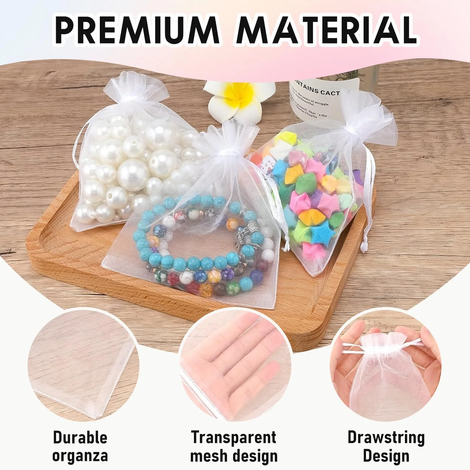 Quelcc 100 Piezas Bolsas de Organza, 7x9cm Bolsas Organza, Bolsitas de Tela Pequeñas Blancas para Bolsas Regalo con Cordón, Bolsita de Tul, Joyas, para Boda Favores Joyas y Dulces