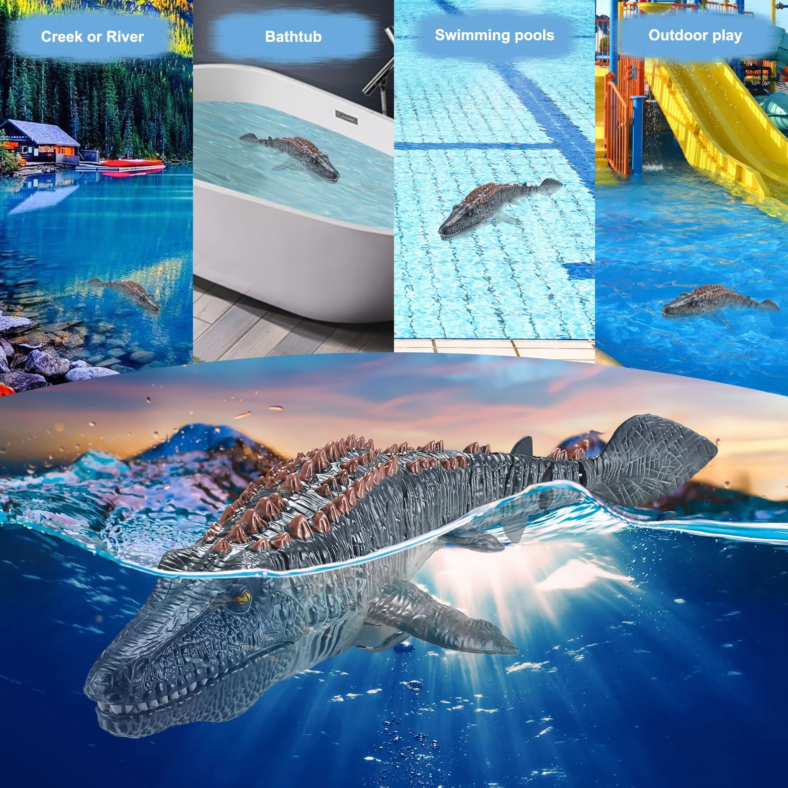 Barcos Mosasaurus de control remoto 2.4 GHz con agua pulverizadora, doble hélice, juguete RC para piscina