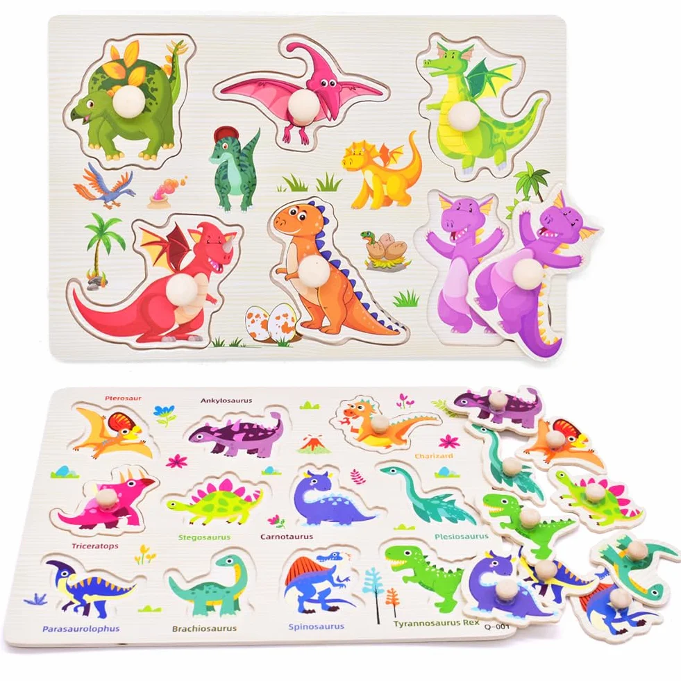Dinosaurios Puzzle de Madera, Dinosaurios Rompecabezas de Madera Juegos, Puzzle Madera Infantil, Motricidad Fina y Concentración, Juguetes Bebes Educativos Regalos para Niños Niñas