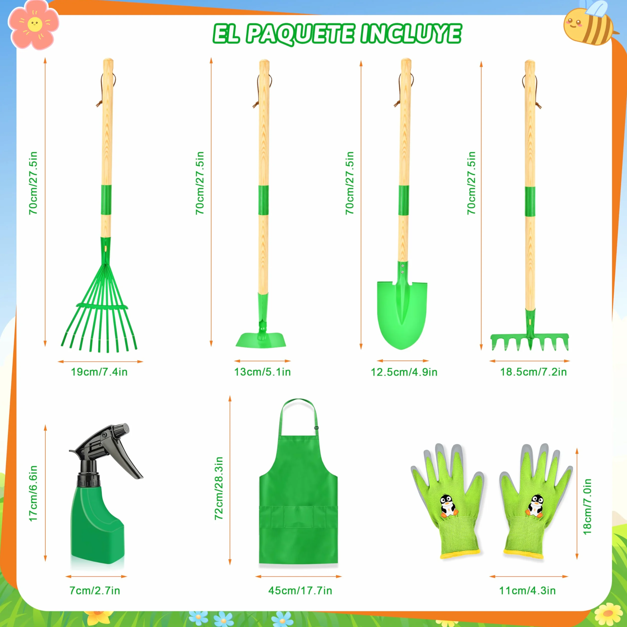 IEEILULU Juego de herramientas de jardín para niños, herramientas de jardín para niños, de madera, 7 piezas, juguete de jardín extraíble con delantal regadera, juguete de jardín al aire libre para
