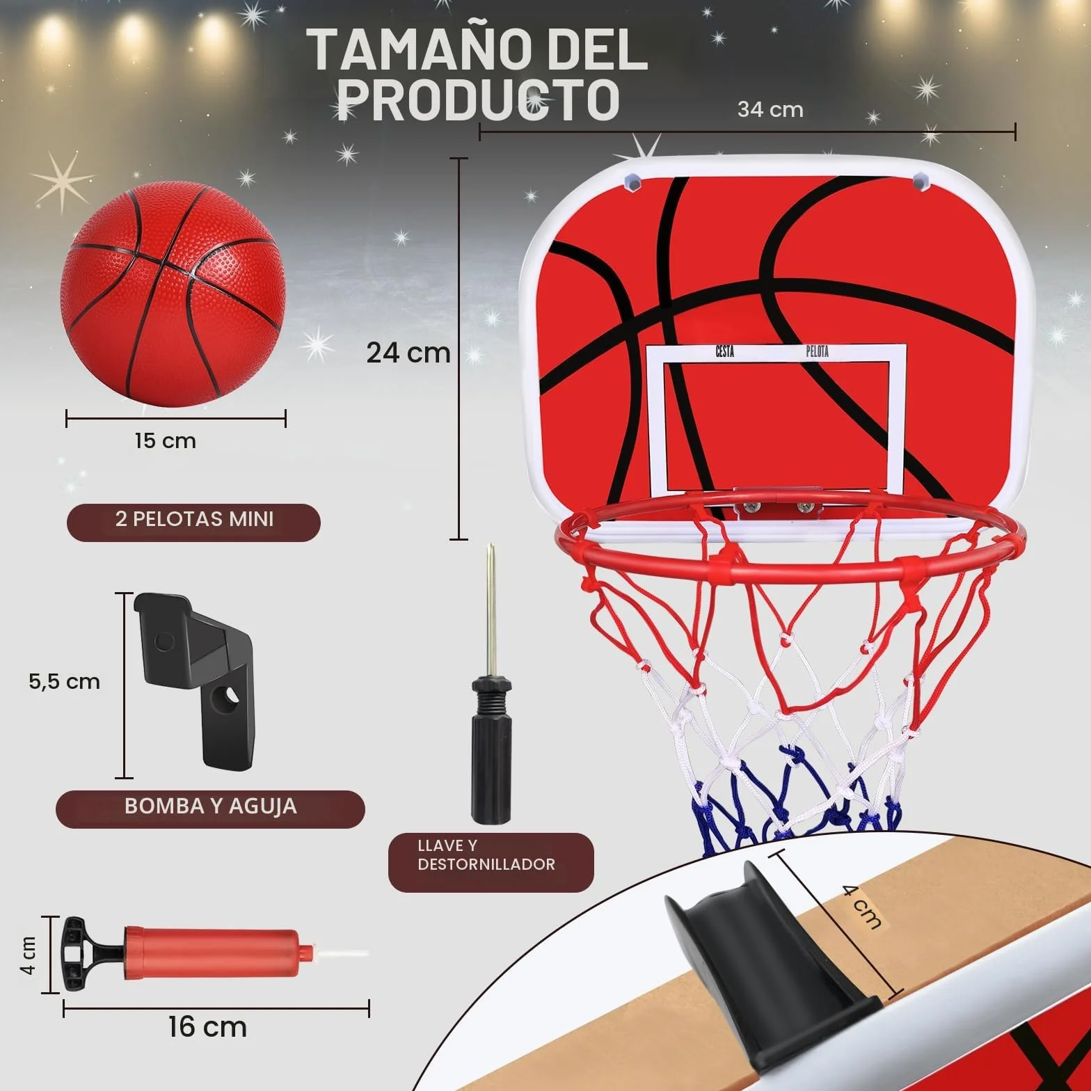 Canasta Baloncesto Infantil, Mini Aro de Baloncesto con 2 Pelotas de Daloncesto y Bomba, Tablero de Basket para Colgar, Sala de Accesorios, Mini Juguetes Deportivos
