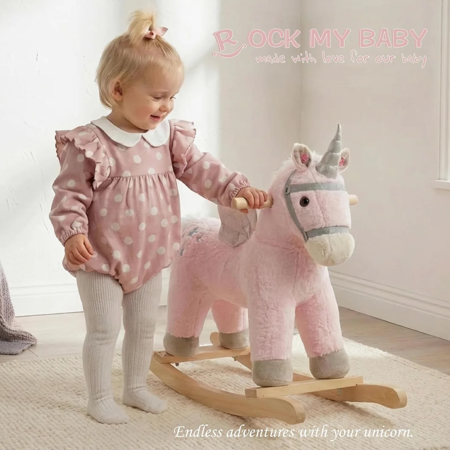 Sacudiendo los caballos, marrón oscuro caballo Rocker para niños pequeños 18M +, juguete de paseo de peluche en caballo con sonido realista, relleno suave (rosa)