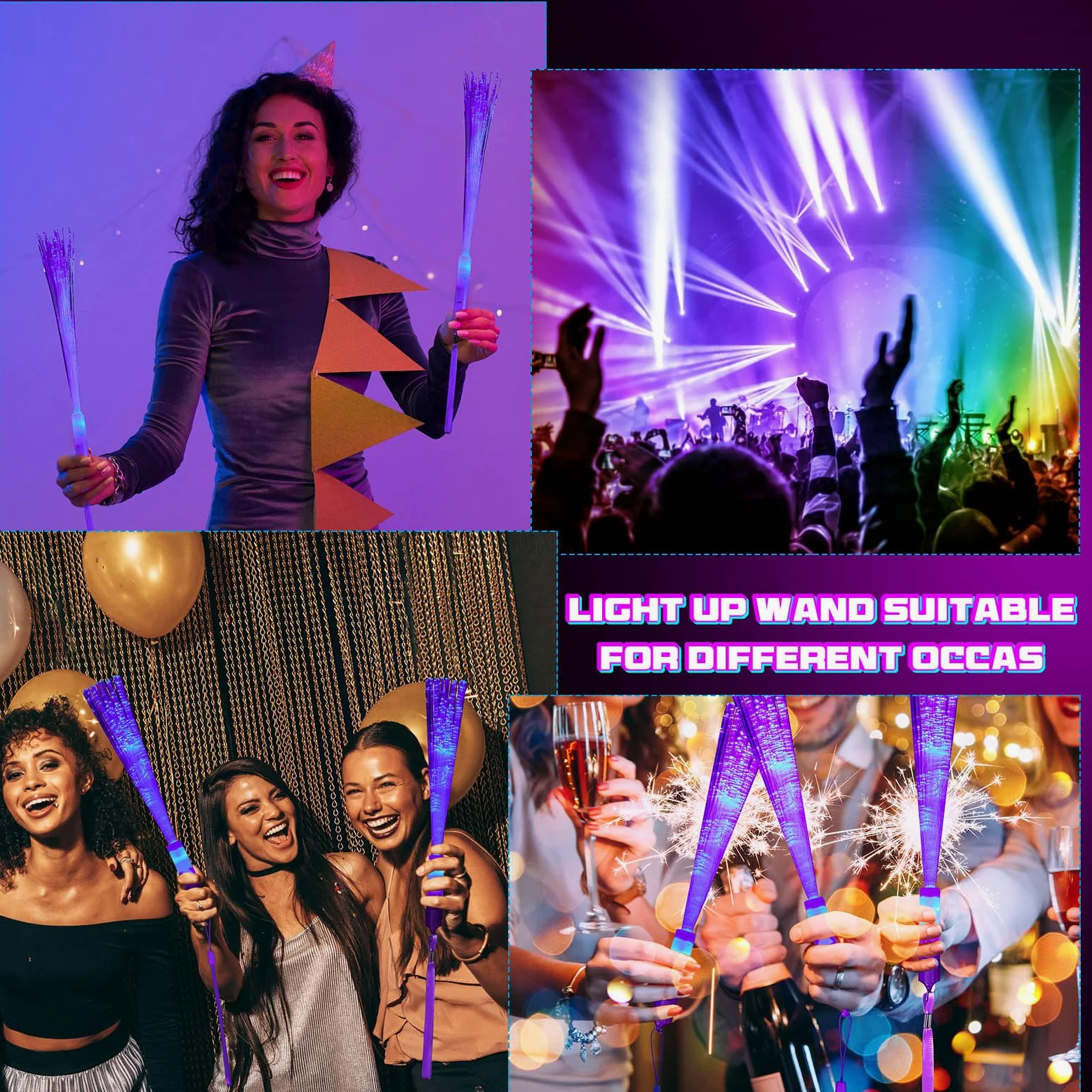 Lewtemi 300 varitas de fibra óptica a granel que brillan en la oscuridad, suministros de fiesta, varitas intermitentes LED coloridas para recuerdos de fiesta de boda (morado)