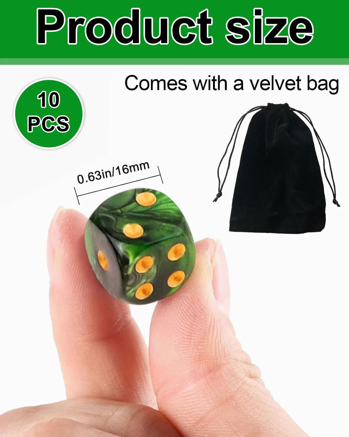10 PCS Dados,16mm D6 Dados de Rol,Juego de Dado con Bolsa de Terciopelo para juegos de Rol,Mesa,Dice Football,Lecciones de Matemáticas(Negro-Verde)