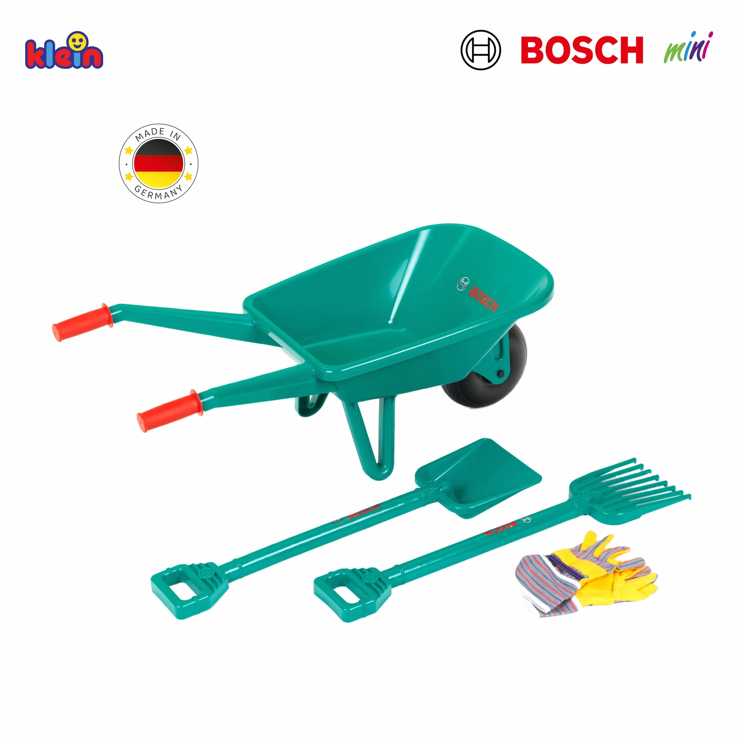 Theo Klein 2752 Set de jardinería con Carretilla Bosch I con Pala, rastrillo y Guantes de Trabajo I Anti-UV I Juguete para niños a Partir de 3 años
