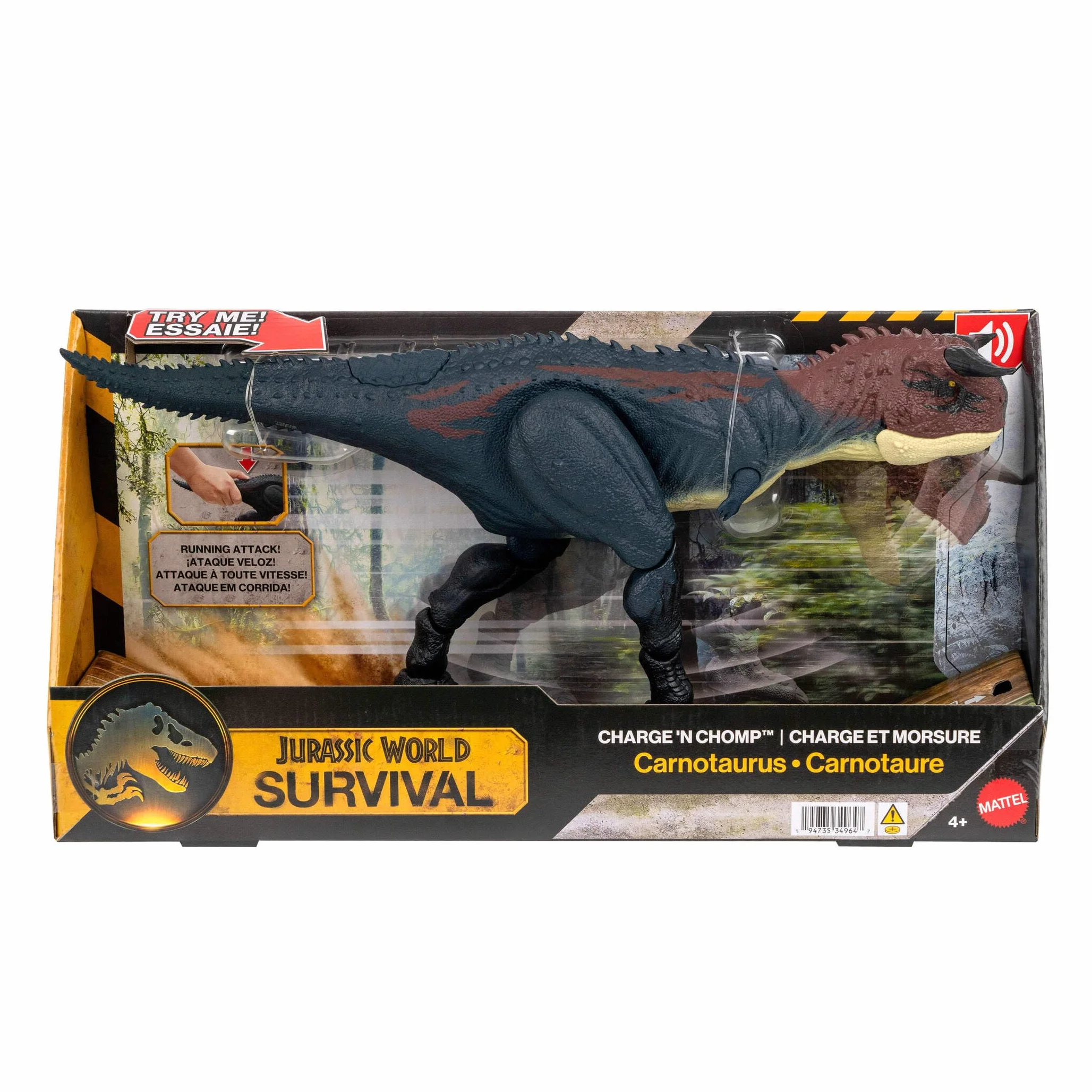 Mattel Jurassic World Corre y Devora Carnotauro, Figura de acción de Dinosaurio con Sonidos, JKG85