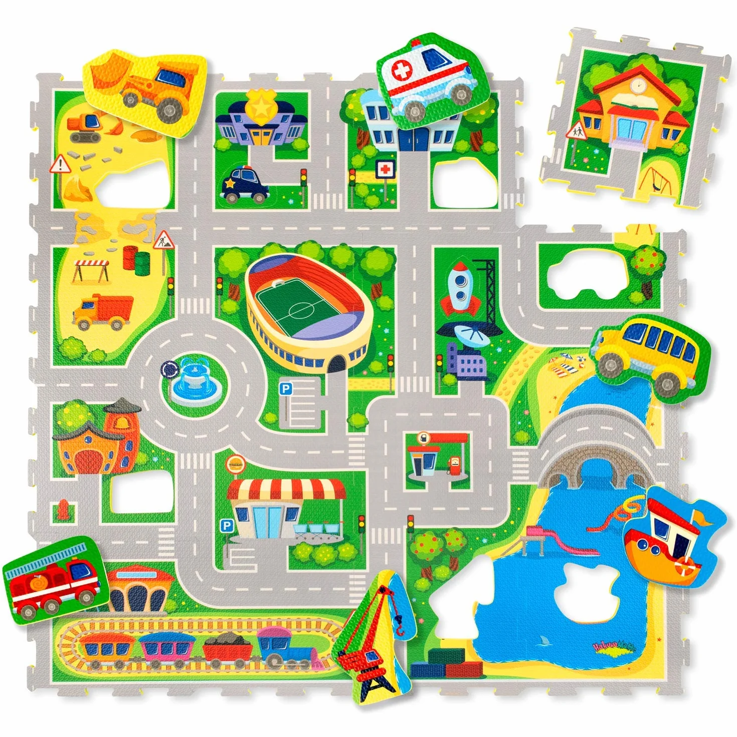 Hakuna Matte Alfombra Infantil Puzzle Diseño Coches 1,2 x 1,2m- 16 Piezas Interconectadas para el Piso - Alfombra Puzzle 20% + Gruesa – Certificado EN-71 Sin Olor – Empaque Caja de Cartón Reciclable
