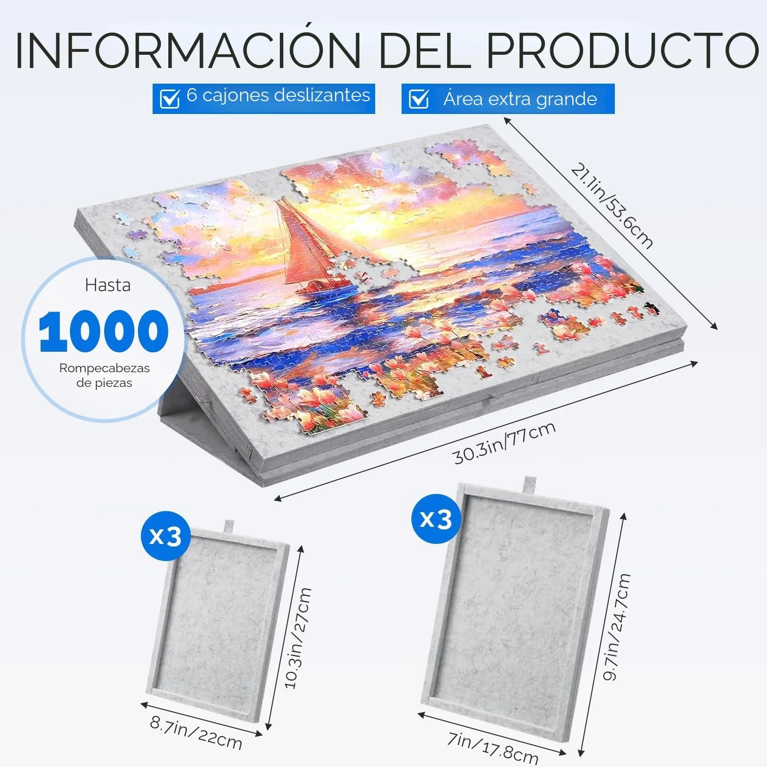 1000 Piezas Mesa de Rompecabezas con 6 Cajones, Mesa de Puzle Portátil, Puzzle Board de Fieltro Ligero, Rompecabezas de Caballete para Niños y Adultos (Gris)