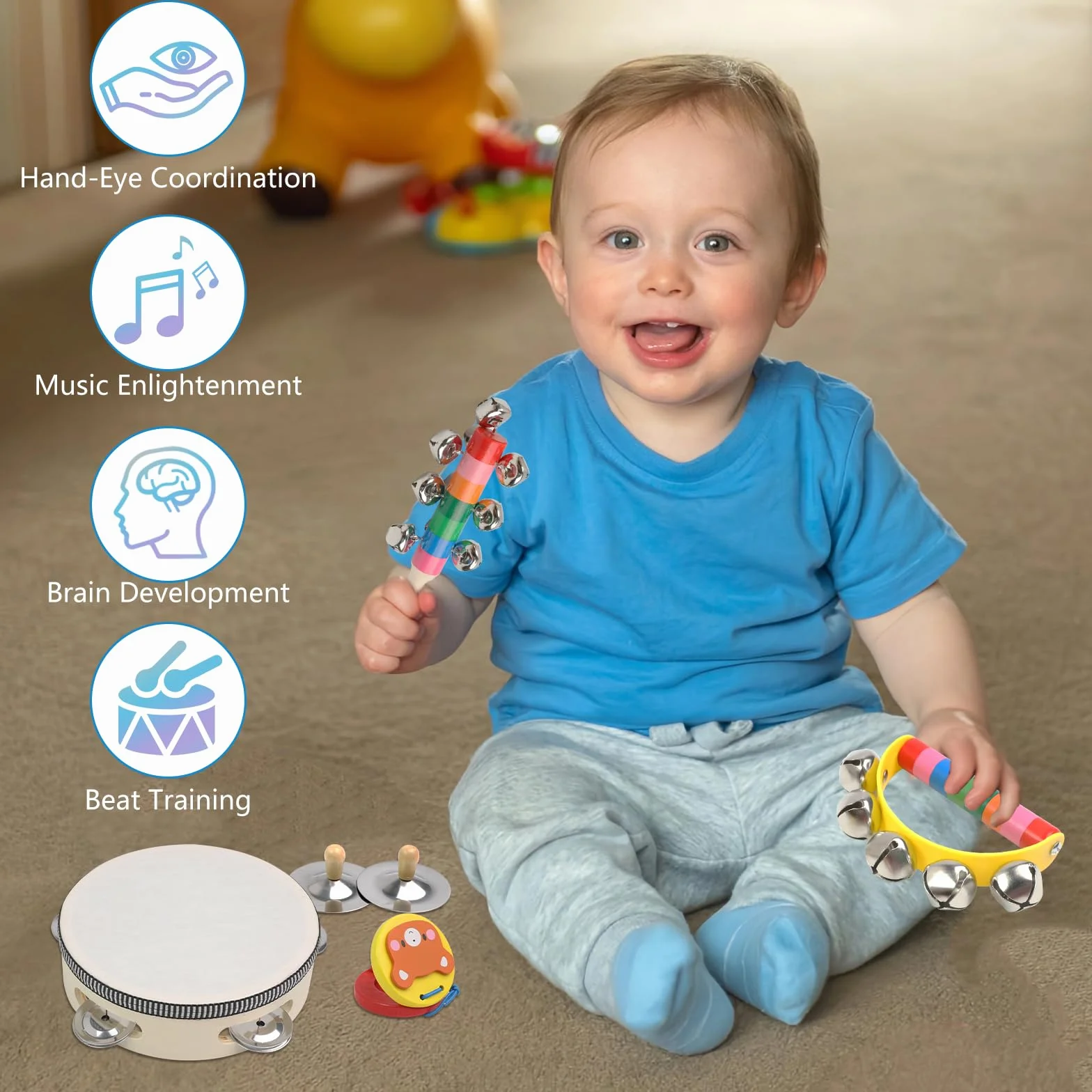 Instrumentos Musicales para bebés, Juguetes Montessori, Instrumentos Musicales de Percusión de Madera de Colores del Arcoíris con Bolsa de Almacenamiento Transparente