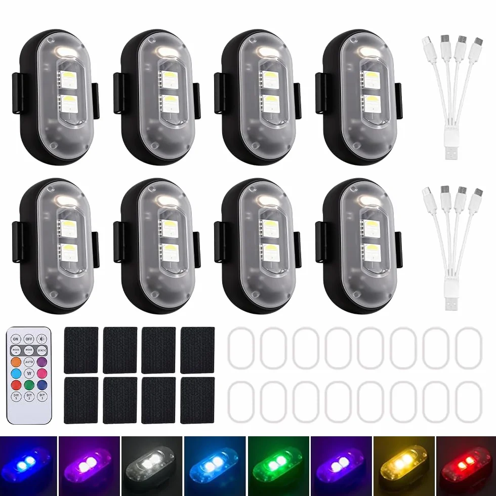 8 Piezas Luz Estroboscopica Drone LED 8 Colores Control Remoto USB Anticolisión Señal Advertencia Nocturna para Dron Camión Bicicleta
