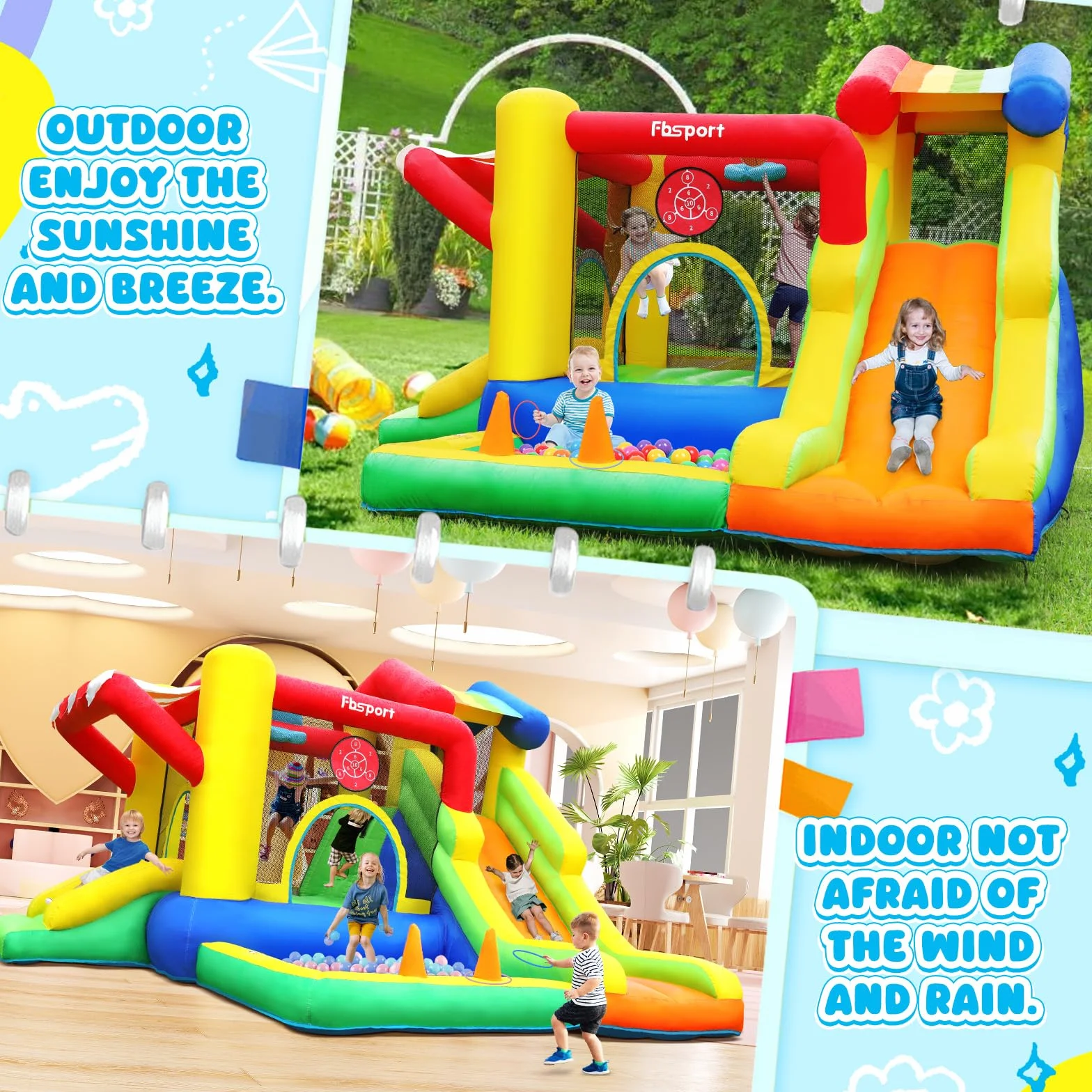 FBSPORT Castillo Hinchable para Niños con Doble Tobogán, Trampolín, Piscina de Bolas, Lanzamiento de Bolas, Muro de Escalada y Canasta de Baloncesto, para Jardín Interior Exterior, 322×305×208 cm