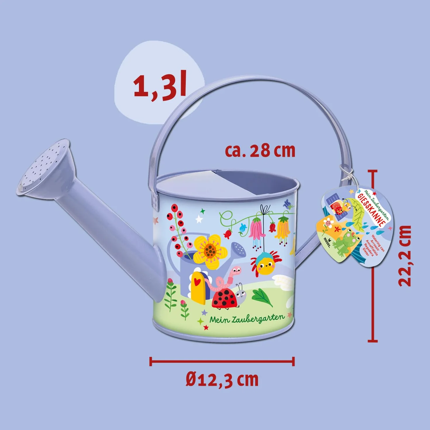 Moses. Regadera de Metal para niños con Cabezal pulverizador y 1,3 litros de Capacidad, regadera de Metal con asa, Resistente a la Intemperie, Juguete para Exteriores a Partir de 3 años