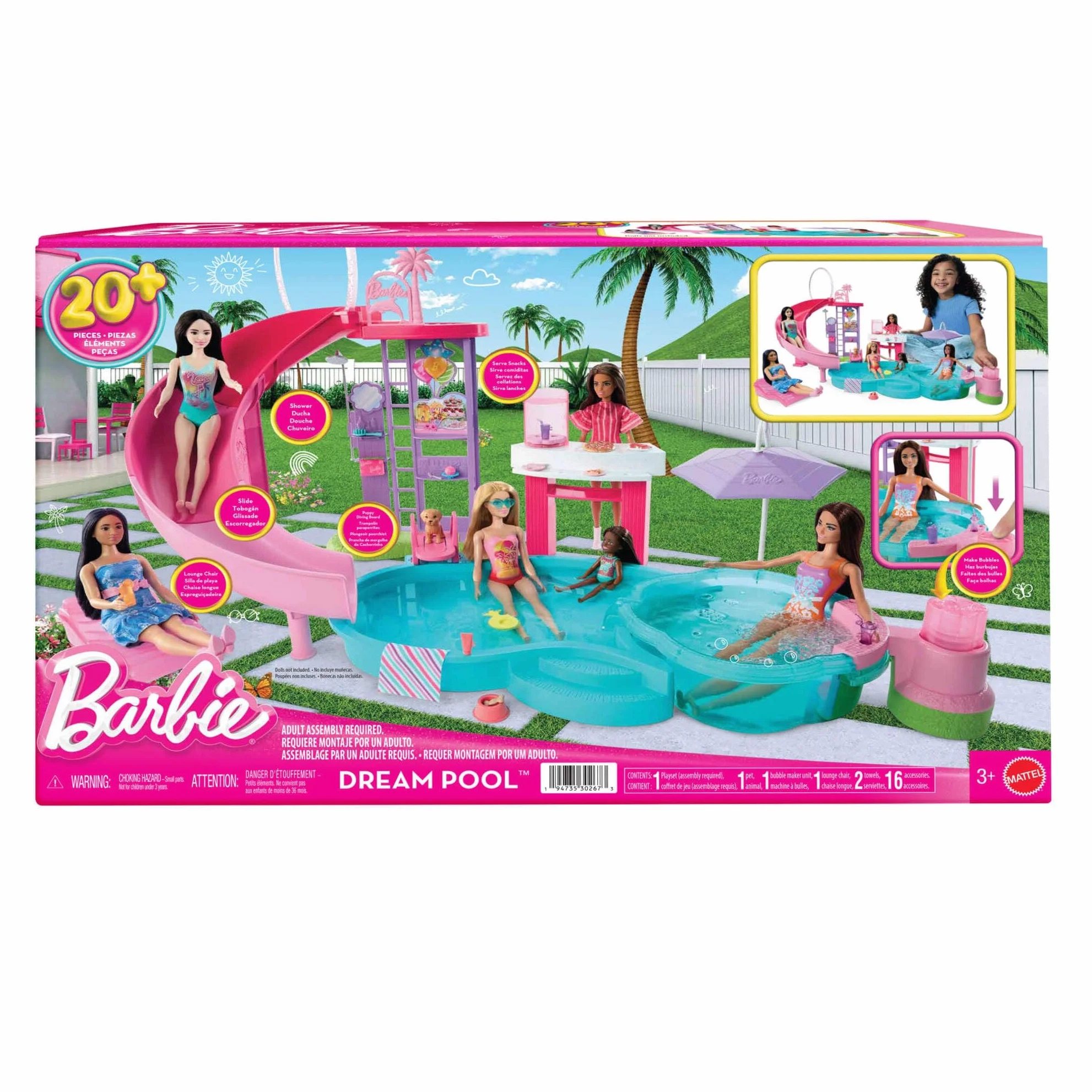 Barbie Piscina de ensueño Conjunto de Juego con 6 Zonas de Juego, Incluyendo un Jacuzzi con tobogán y Burbujas, además de más de 20 Accesorios como Mascotas, flotadores y Mucho más, JKG83