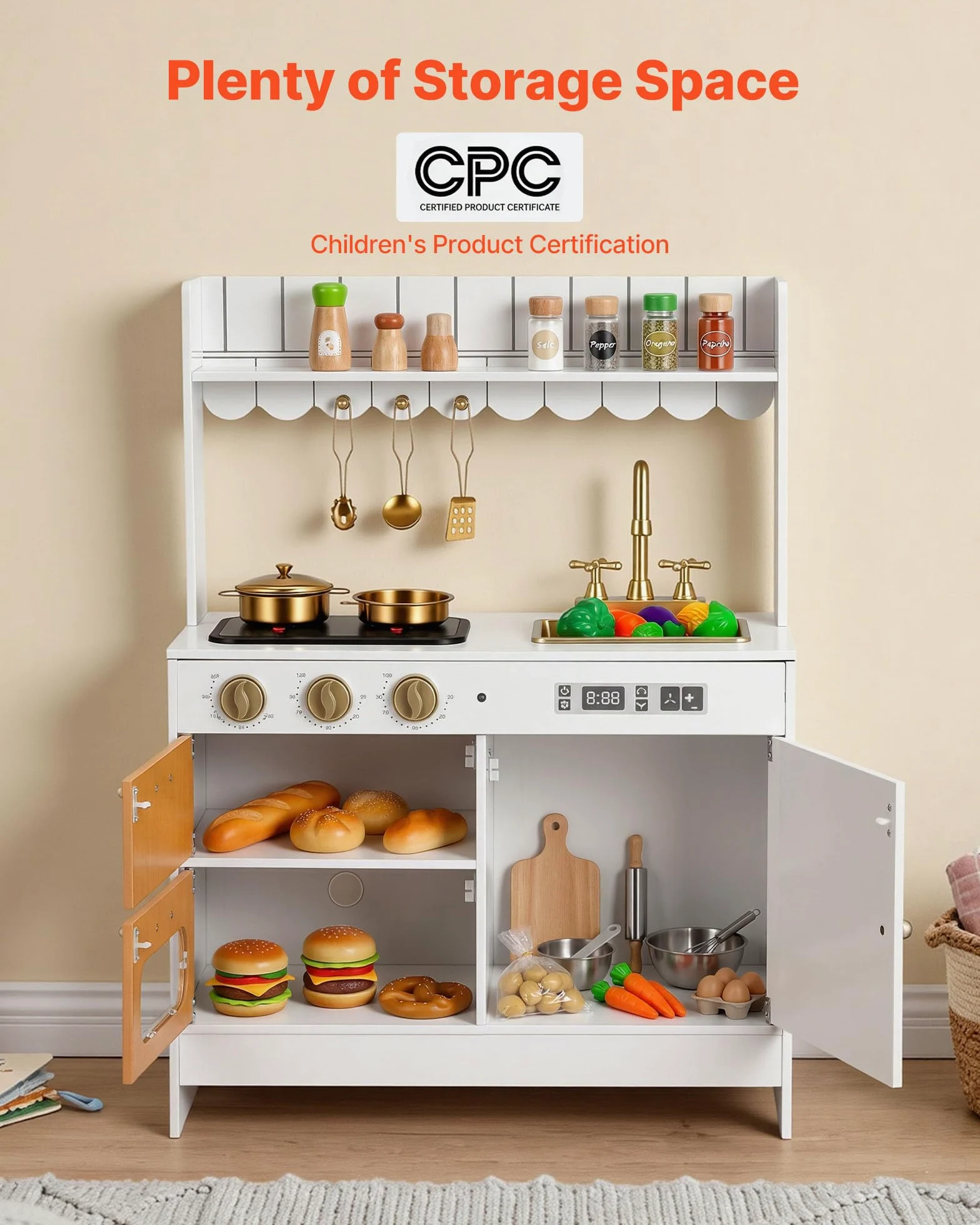 VEVOR Cocina de Juguete para Niños de 3 a 8 Años, Cocinita Infantil de Madera con Luces y Sonidos, Zonas Interactivas, Juego de Cocina con Almacenamiento, Microondas, Fregadero, Accesorios, Blanco
