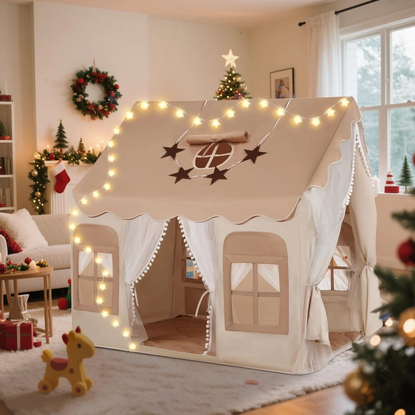 snookids Tienda para niños - Casa de Juego Interior con Alfombra, Luces, Colgantes de arcoíris y Bandera Estrellas, Tienda Juego para la decoración de la habitación niños y niñas
