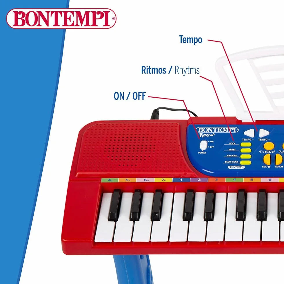 Bontempi Piano Infantil 37 Teclas con Taburete, micrófono y Atril, 4 Sonidos, 4 ritmos, 11 melodías, Función Aprendizaje Okon, Conexión USB-C o 4 Pilas AA (N/I), Juguete Musical, +3 años (47907)