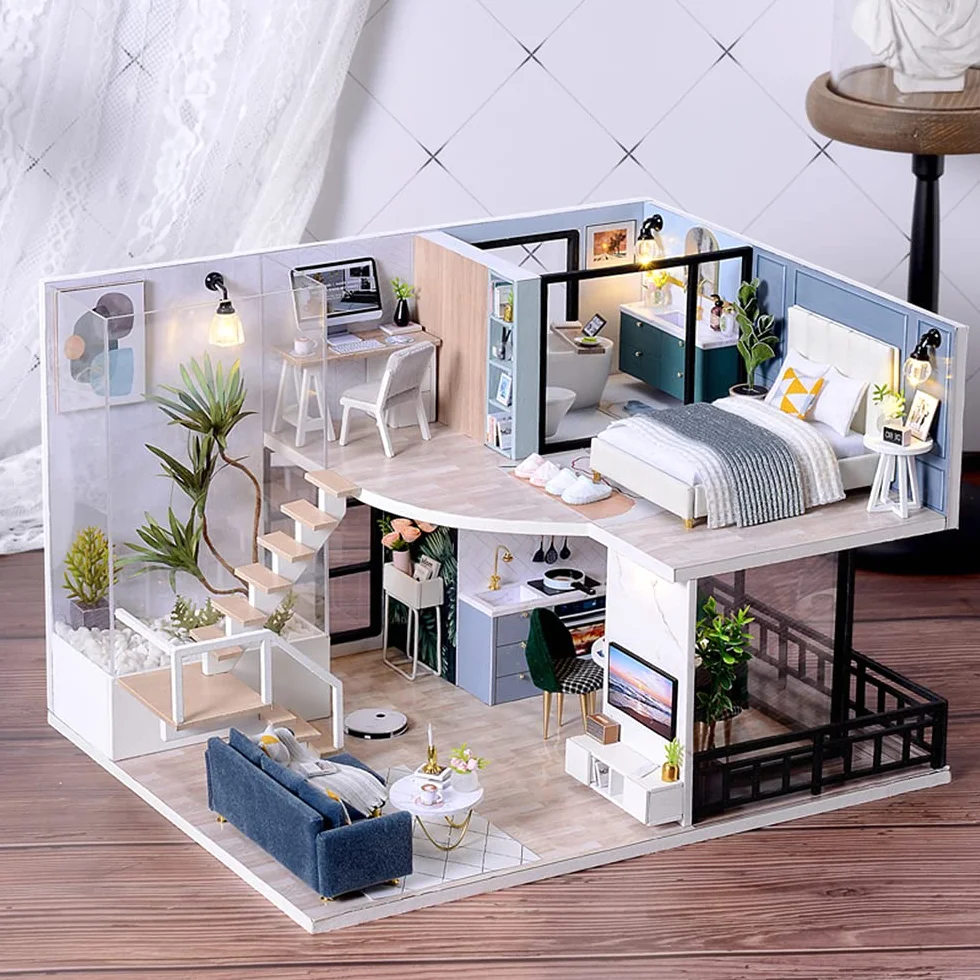 CUTEBEE Casa De MuñEcas En Miniatura con Muebles, Kit De Casa De MuñEcas De Madera DIY Plus A Prueba De Polvo Y Movimiento Musical, Escala 1:24 Idea Creativa De HabitacióN - L32